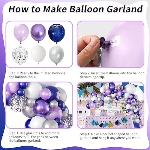 Miniatura 8 de Kit de arco de guirnalda de globos morados y plateados, 101 piezas de guirnalda de globos de confeti púrpura perla, morado, plateado, azul marino,