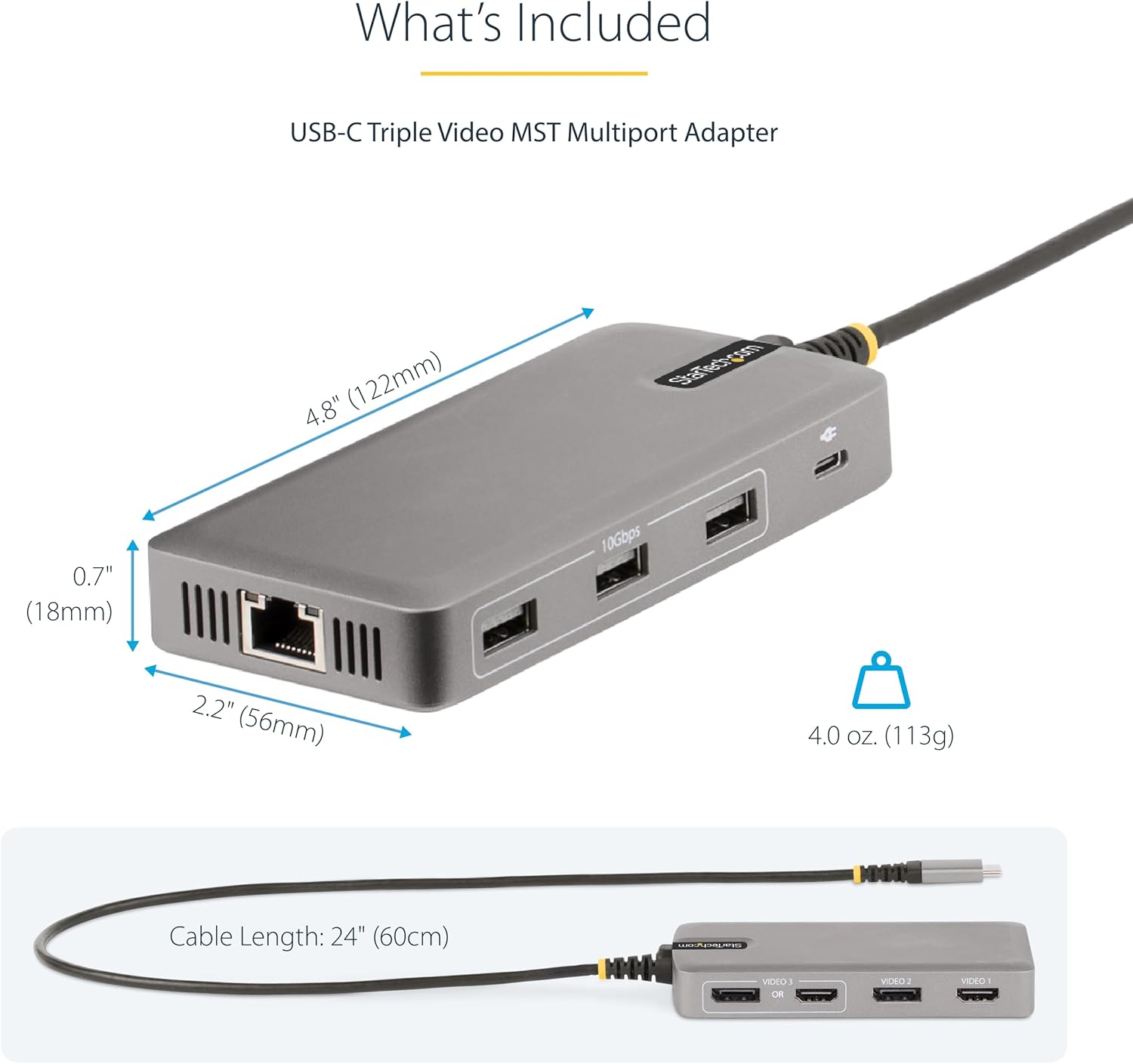 StarTech.com USB-C Docking Station for Windows and ChromeOS, Triple 4K HDMI DP Video, USB 10Gbps Hub, 100W Laptop Charging, GbE