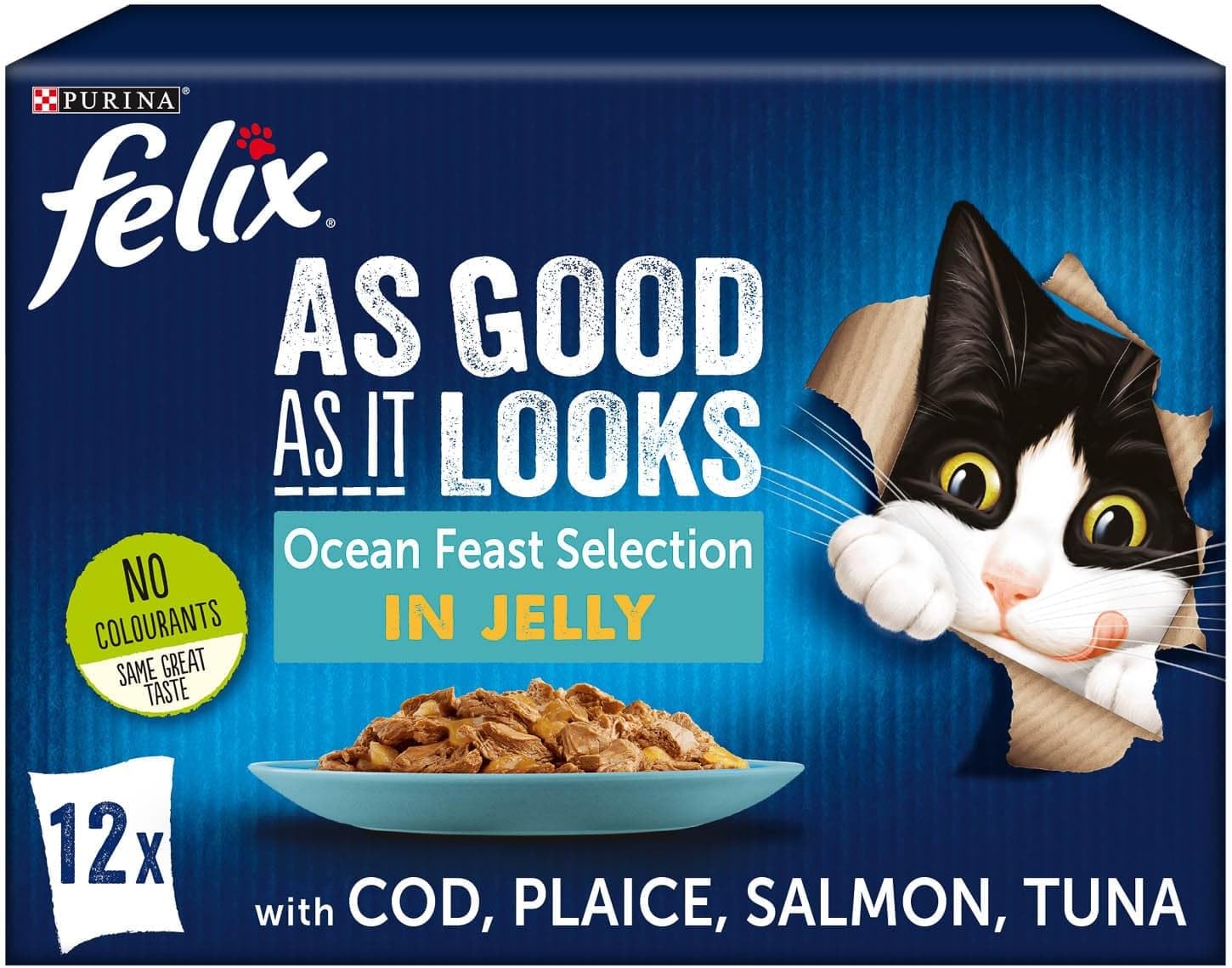 As Good As It Looks Ocean Feasts in Jelly Cat Food 12 x 100g - Flavours - 3 x Cod - 3 x Plaice - 3 x Salmon - 3 x Tuna - Pet Food InA Cool And Dry Place - Delicious Mouth-Watering - Pet Food Treats
