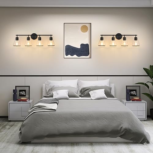 Miniatura 7 de Lámparas de baño negras de 4 luces para tocador de baño sobre espejo con pantalla de vidrio transparente, luces de tocador de 30 pulgadas para