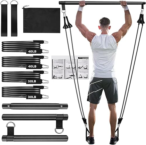 Kit de barra de pilates con bandas de resistencia (4 bandas de resistencia), barra de pilates de 3 secciones con bandas apilables, equipo de