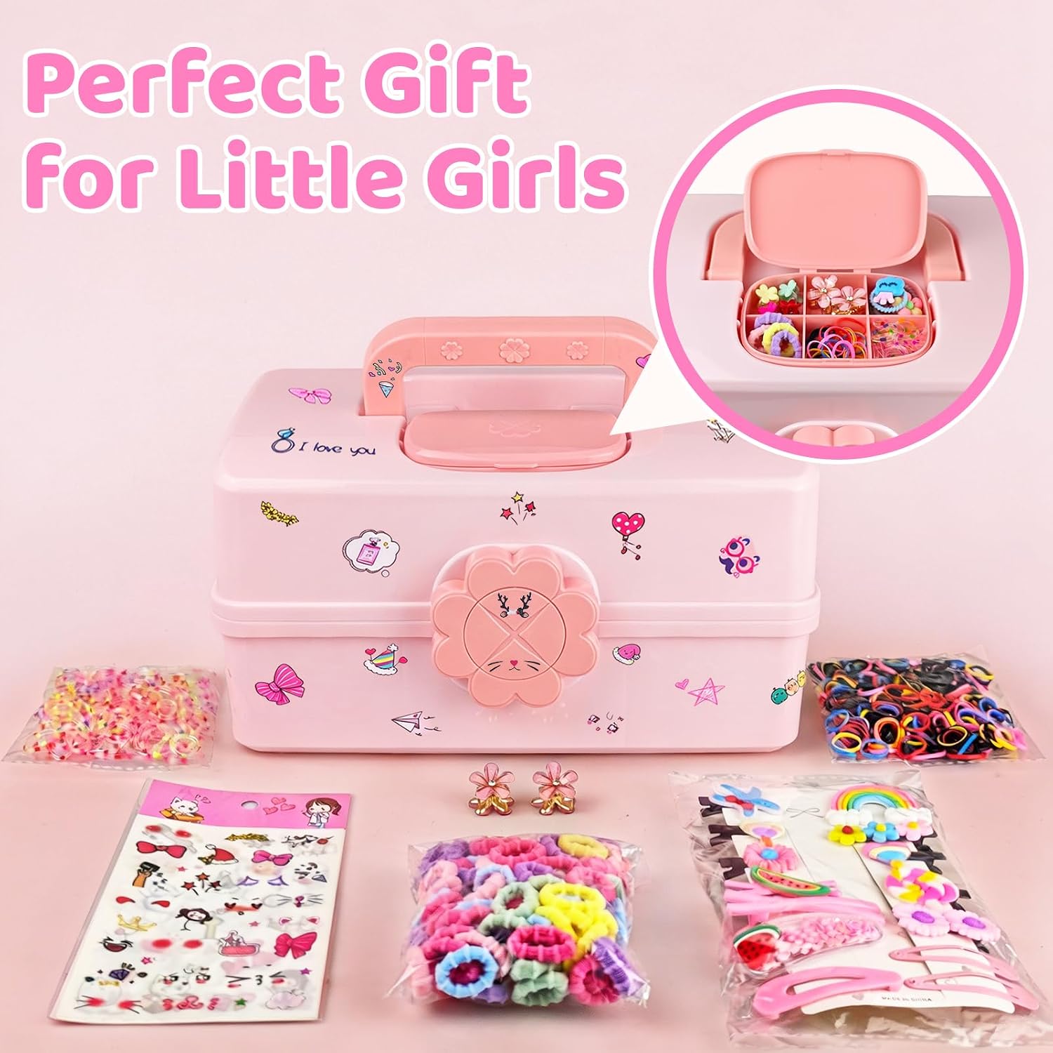 Hair Accessories Organizer, 3-Layer Plastic Storage Box with Handle,L-Pink