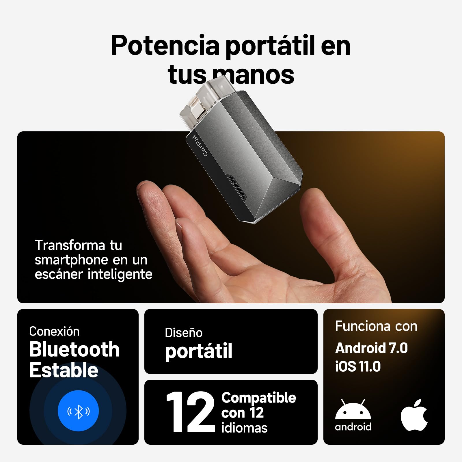 TOPDON Carpal-A OBD2 Diagnosis, Bluetooth Diagnosis Coche Multimarca,Diagnóstico de Todos los Sistemas, 6 Servicios Reset, AutoVIN, Smog Check, Guía de Reparación, Inspección del Motor