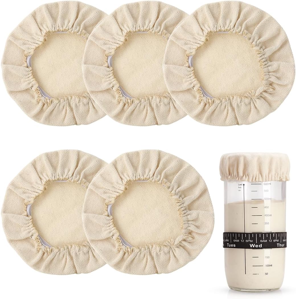 Aieve 5 Pack Sourdough Starter Jars Cloth Covers,Reusable and Breathable Bread Fermentation Cover Fit for Jars Mouth Diameter 2.4-3.2 inch