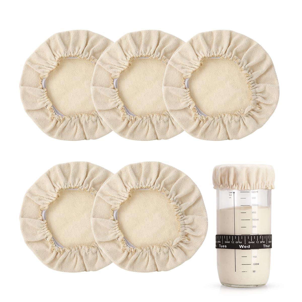 Aieve 5 Pack Sourdough Starter Jars Cloth Covers,Reusable and Breathable Bread Fermentation Cover Fit for Jars Mouth Diameter 2.4-3.2 inch