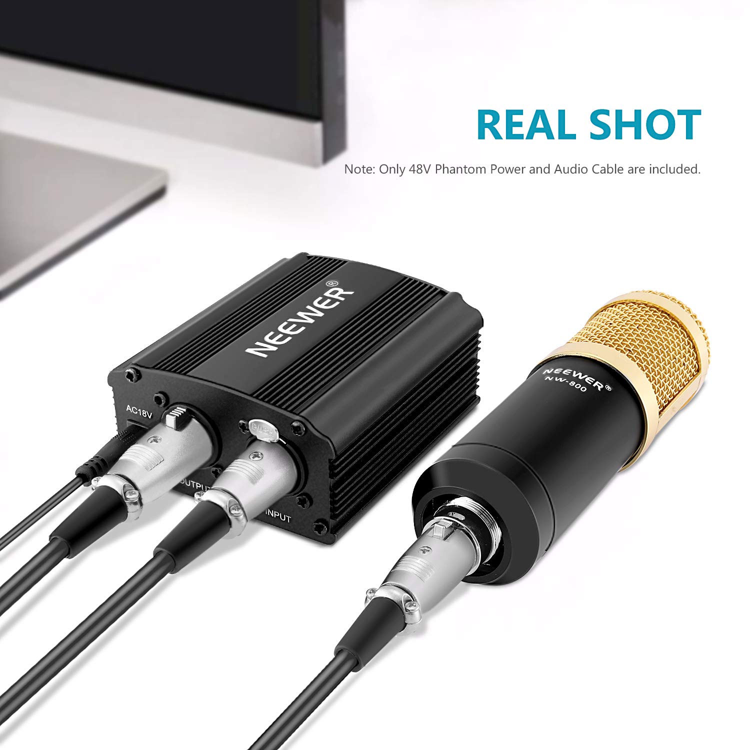 Neewer 1- Canal 48V Alimentation Fantôme Noir avec Adaptateur et un XLR Câble Audio pour Tous Microphones à Condensateur Musique Dispositifs d'Enregistrement