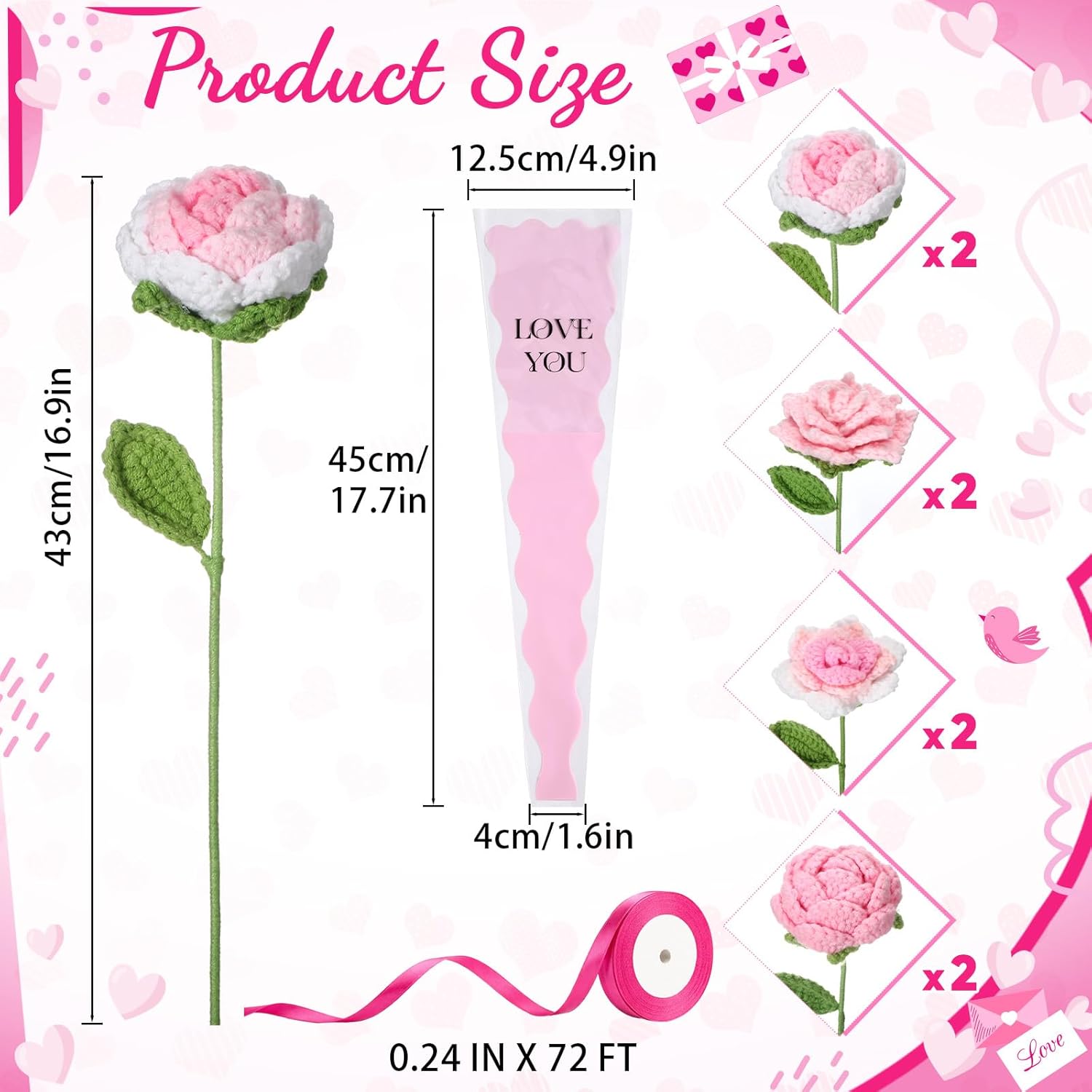 Zeyune 8 Pcs Valentine's Day Crochet Rose Flowers Handmade Knitted Roses Bouquet Finished Handmade Flower Artificial Rose Flowers Bulk for Women Valentine's Day Party Favor (Pink)