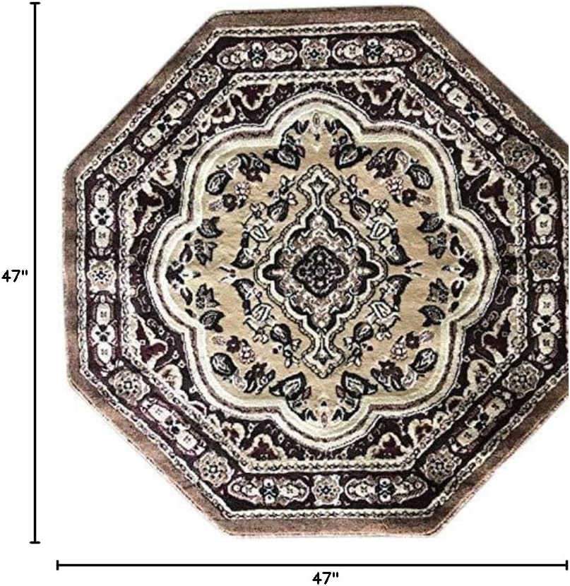 emirates Traditional Octagon Rug Beige Brown Burgundy & Black Design 520 (4 Feet X 4 Feet)