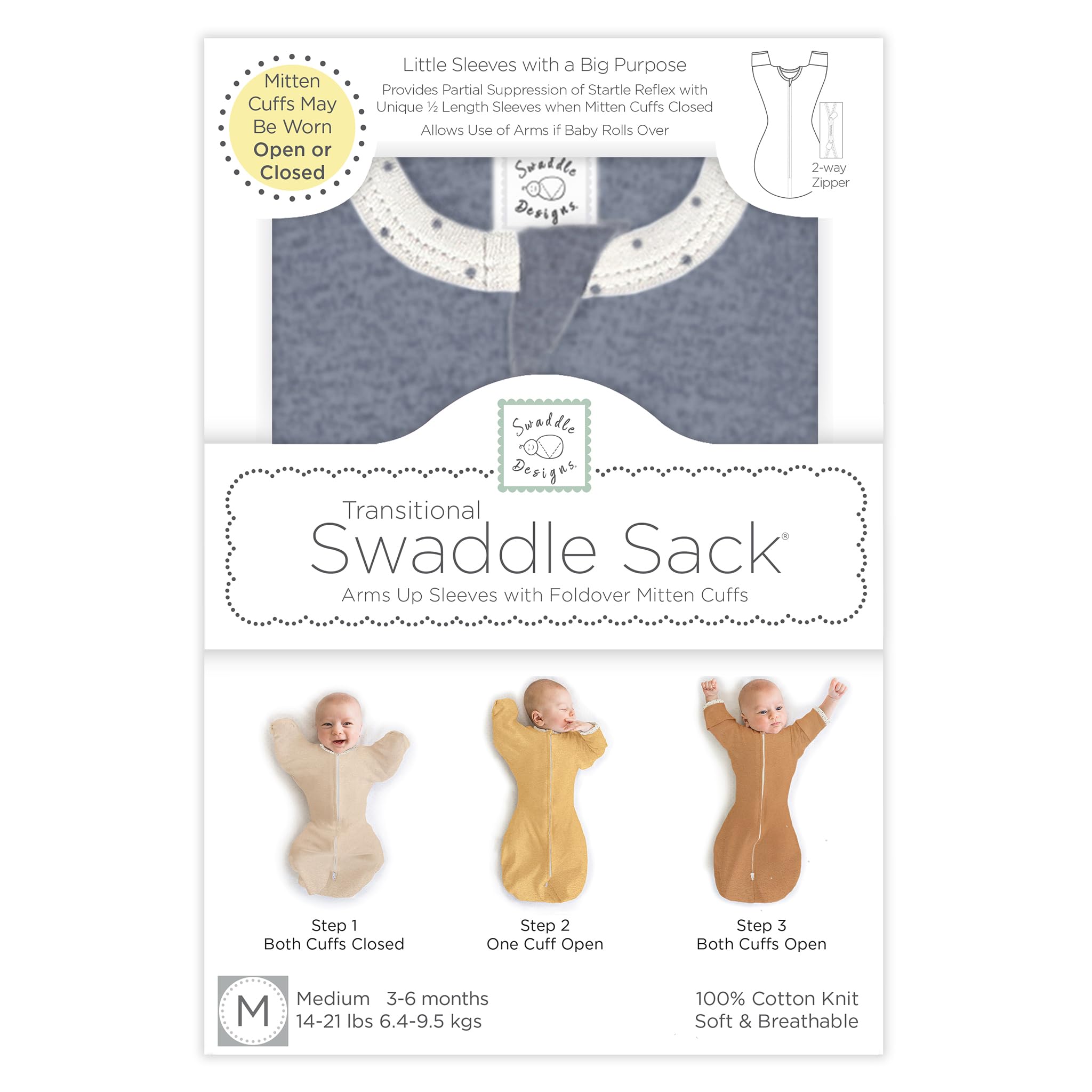 SwaddleDesigns Przejściowa kieszeń z ramionami do półdługich rękawów i mankietami z rękawiczek, wrzosowy dżins w kropki, mały, 0-3 MB, 6-15 funtów (lepszy sen, przejście