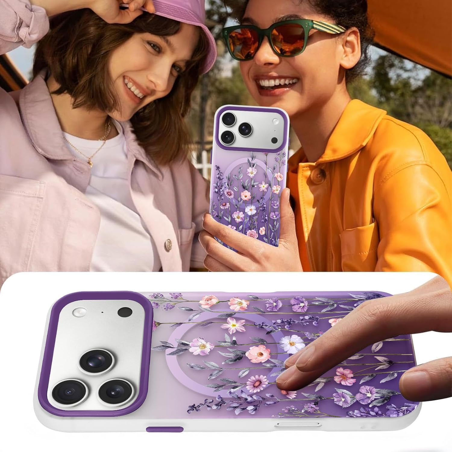 Magnetic for iPhone 17 Pro Max Case [Compatible with MagSafe] Pretty Gradient Flower Floral Pattern Design, Slim Shockproof Jelly Cover for Women Girls, Purple