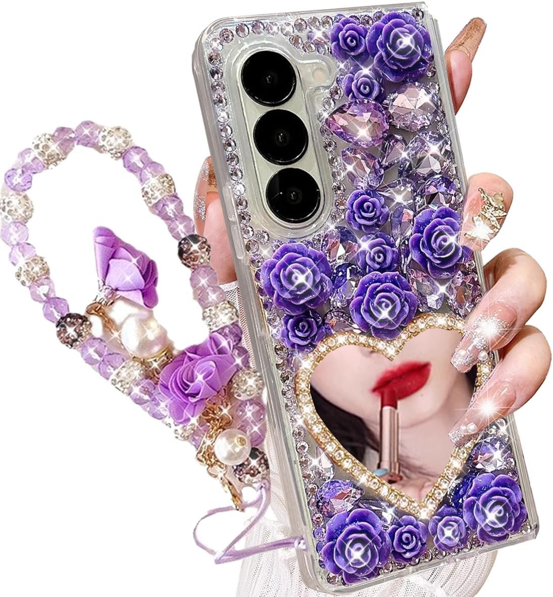 for Samsung Galaxy Z Fold 7 Bling Case Diamond Flower Sparkle Glitter Crystal Rhinestone Pearl Cute Love-Heart Mirror Wrist Bracelet Lanyard Cover for Girls Women for Galaxy Z Fold 7,Purple