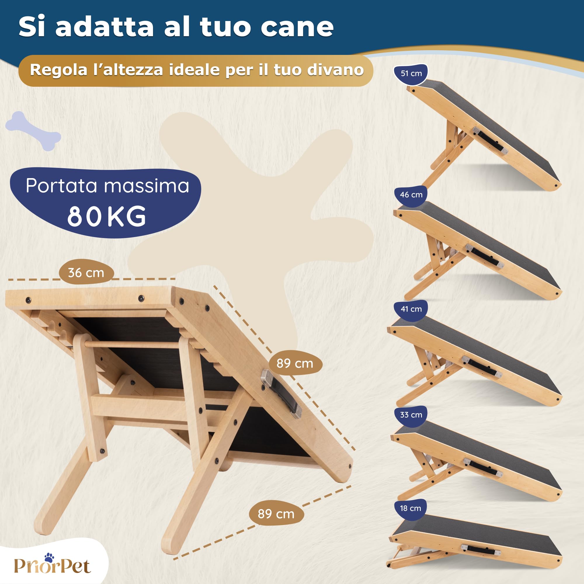 Rampa per Cani Piccoli o Grandi - Regolabile 18-53 cm - Per Letto e Divano - Legno di Betulla - La Piattaforma Si Collega Perfettamente - Rampa Pieghevole - Naturale
