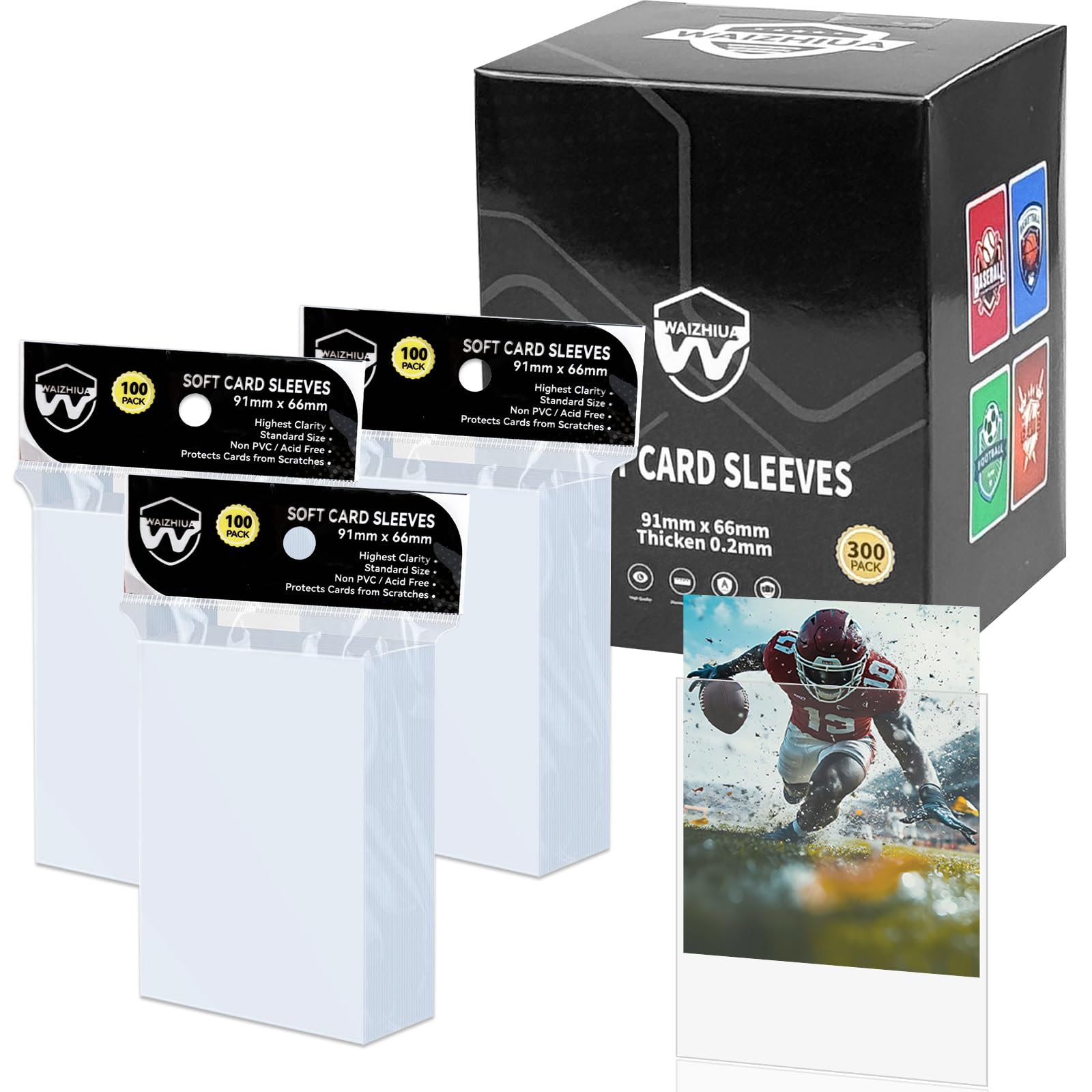 WAIZHIUA 300 Pieces Pro Penny Sleeves - 66x91mm Standard Size Card Sleeves, Top Loaders for MTG, Sports Cards, Acid-Free Non-PVC, Waterproof & Ultra-Clear Protection
