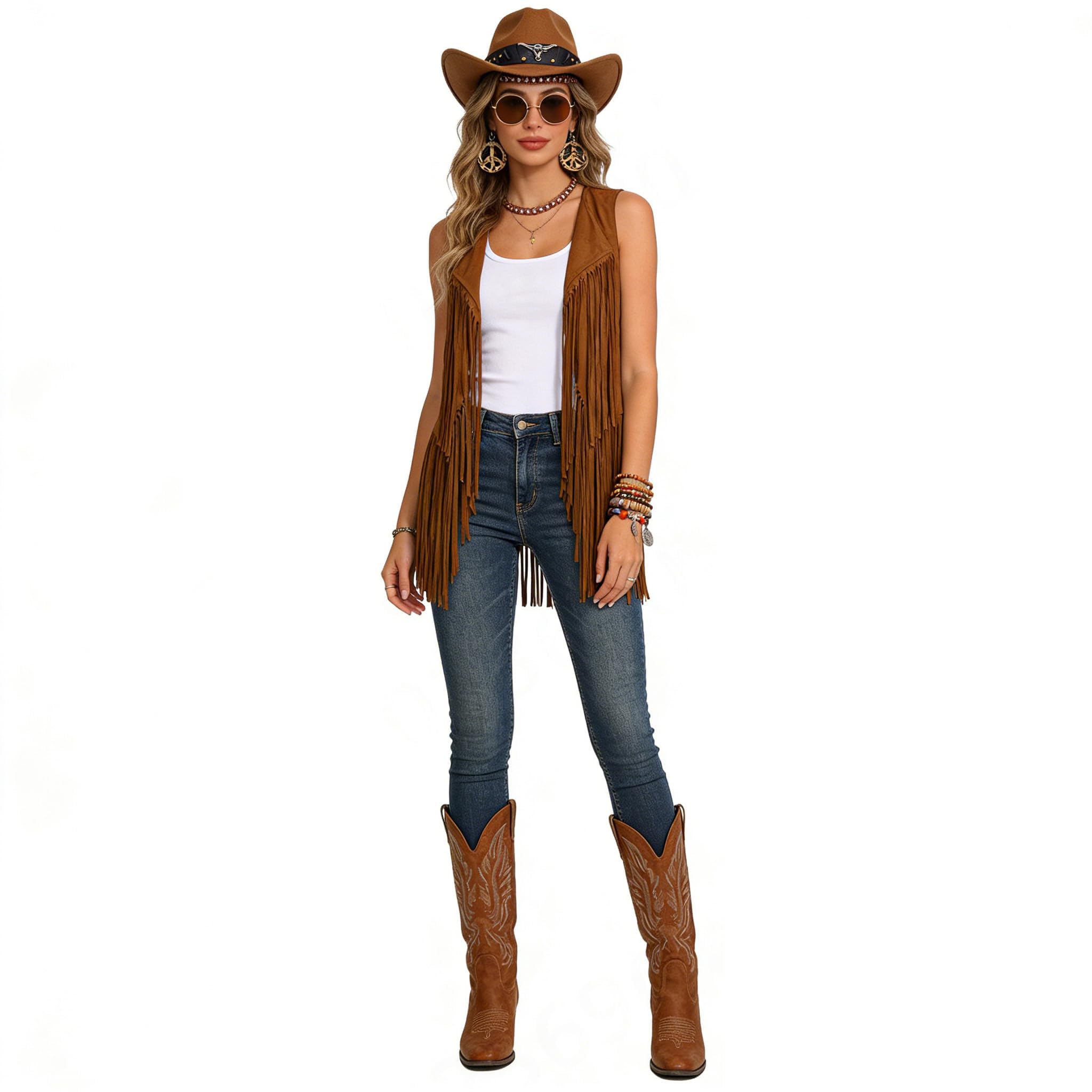 Cowgirl Kostüm Damen Western Outfit Hippie Set Mit Fransenweste Weste Hippie Ohrringe Brille Armband Kleine Handtasche Halskette Mode 60er 70er Jahre Bekleidung Für Karneval Mottopartys