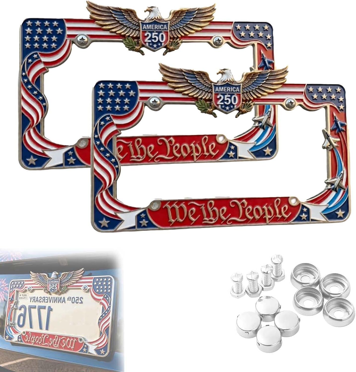 America 250th Anniversary License Plate Frame (1776-2026) - Rustproof Heavy-Duty Metal Commemorative Frame - Patriotic USA Car Accessories for Men & Women, Universal U.S. Fit 12x6