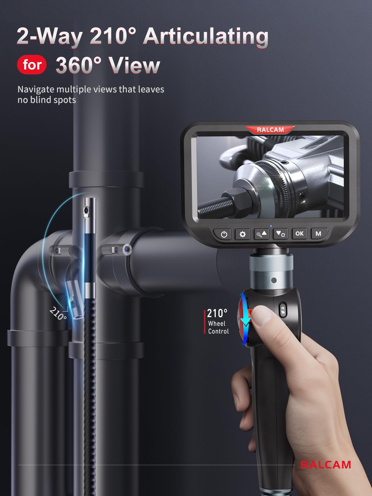 Ralcam Dual Lens Articulating Borescope Camera with Light, Slim Probe — Amazon image 4
