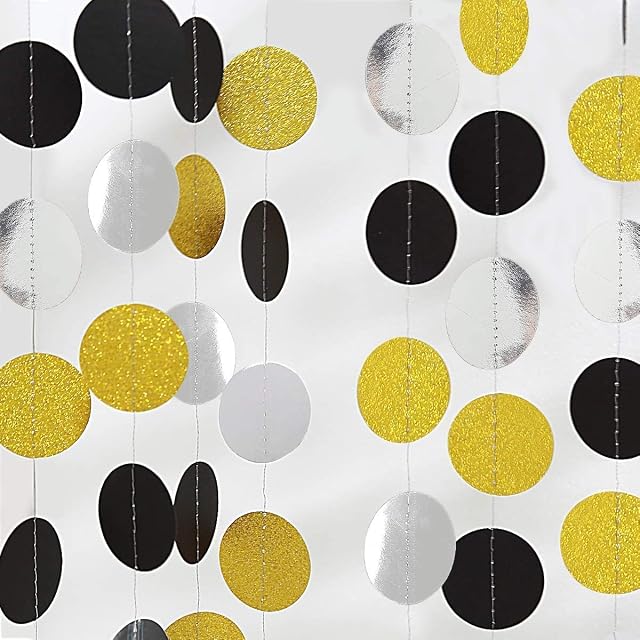 2 Pcs 4 Meters Gold,Sliver,Black Round Paper Garland, Circle Dots Hanging Banner Decorations for Valentine's Day,Glitter Paper Garland String Garland for Birthday Anniversary Dots Paper Décor
