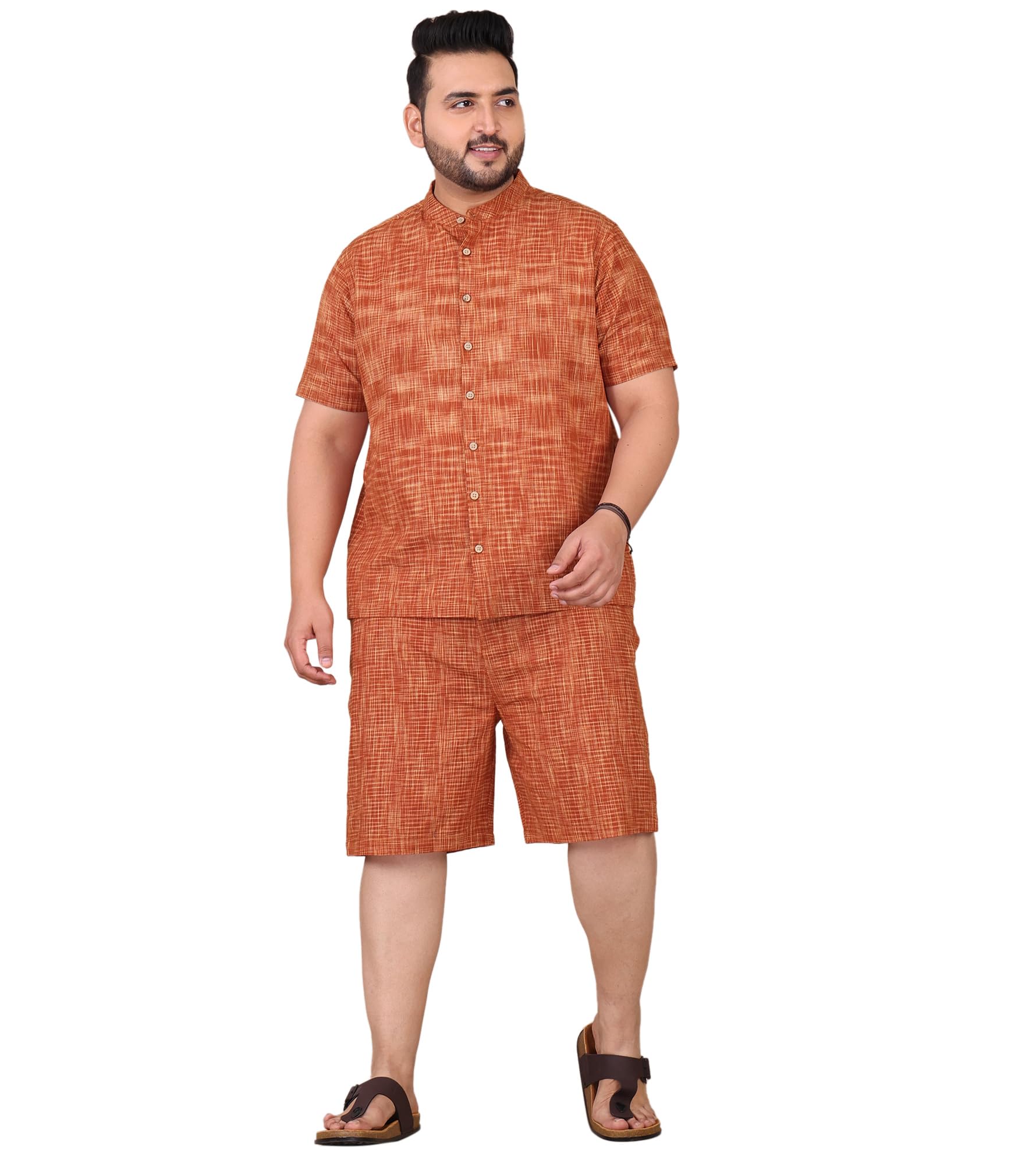 Men's Pure Cotton Khadi Co-Ord Set | 2-Piece Shorts & Shirt Combo | Vacation & Causal Wear (Tan Brown)-image-33