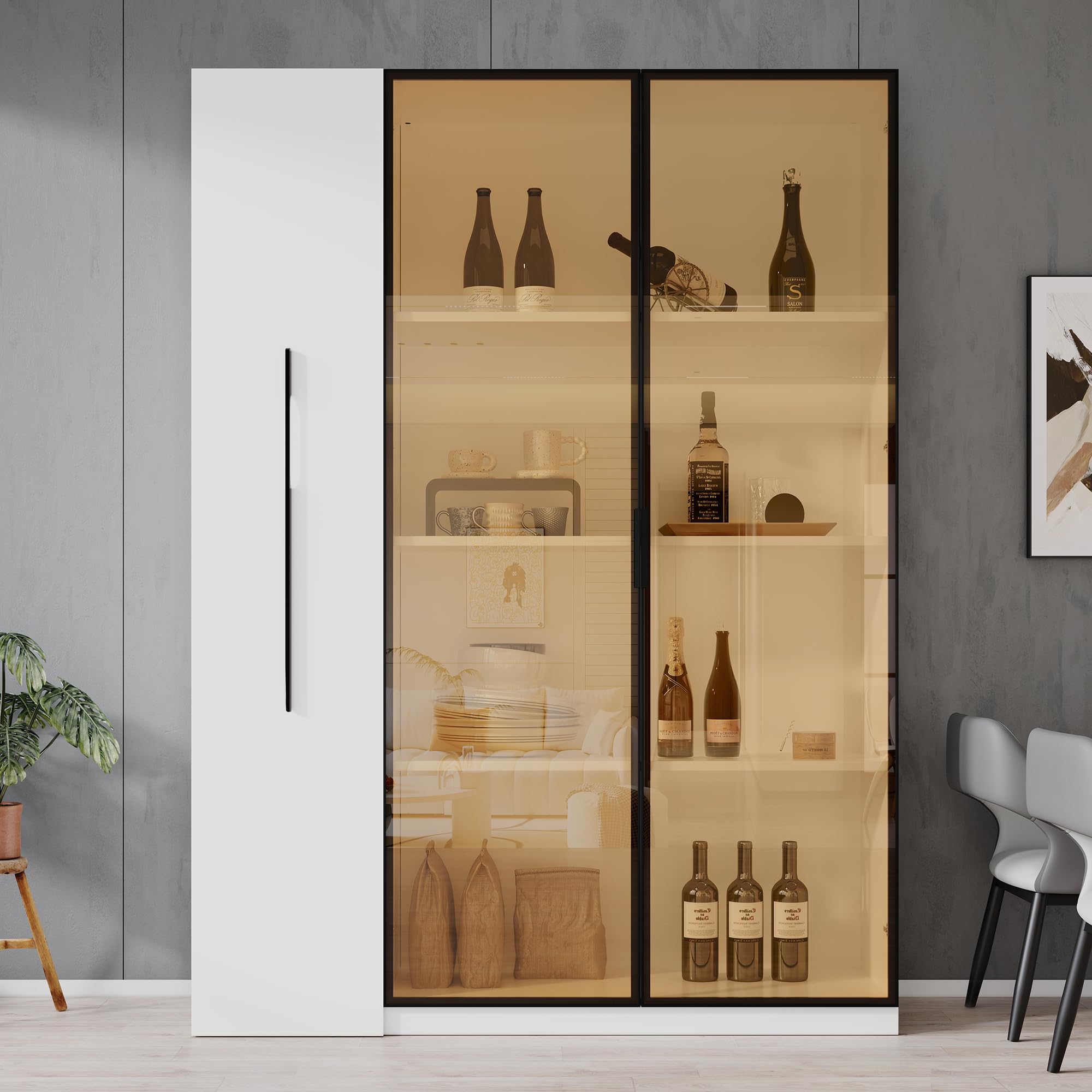 Merax Vitrina de 110,5 × 35 × 160 cm, armario multifunción con puerta de cristal e iluminación LED, cajón lateral con espacio de almacenamiento, armario alto de estilo francés, adecuado como