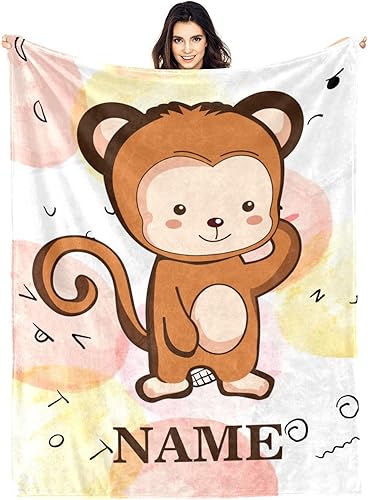 Miniatura 1 de Manta de mono personalizada para bebés y niñas, manta de mono linda personalizada con nombre, manta de animales lindos para niños, mantas de mono