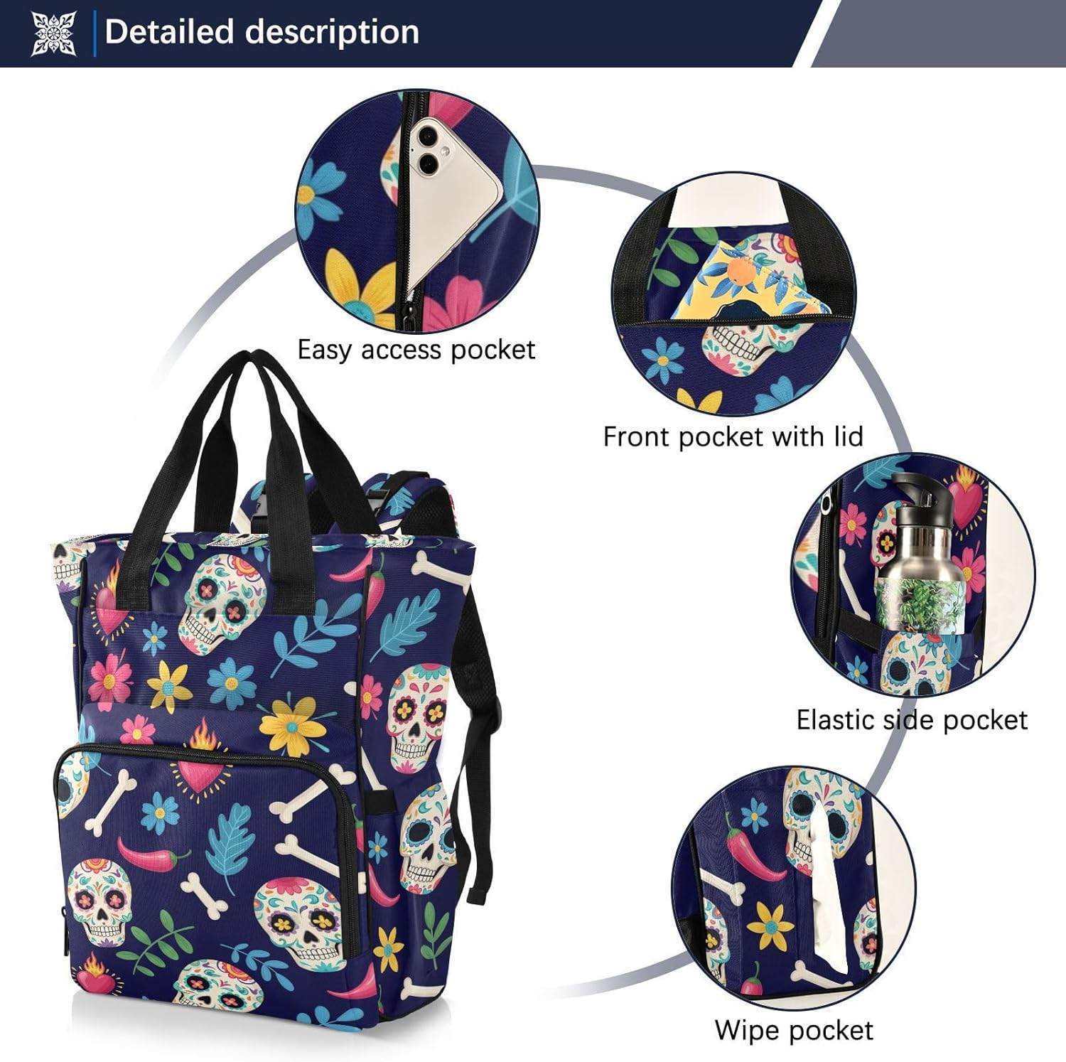 Dead Skulls Flowers Blue Pattern Diaper Bag Backpack for Baby Boys Girls Multifunction Baby Essentials Travel Tote with Stroller Straps & Bottle Storage Maternity Travel Bag for Dads Moms Baby