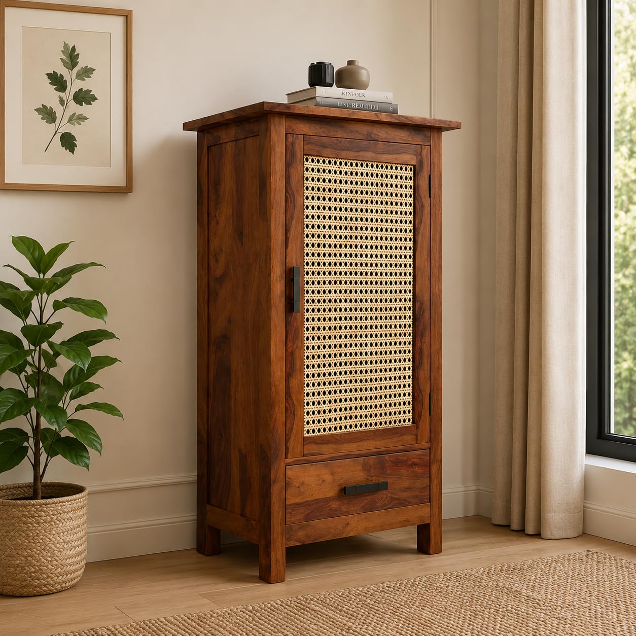 Sheesham Mini Glazed Bookcase with Cane, Multipurpose for Living Room Bed Room Study, Solid Wood, Honey Matte Finish-image-19