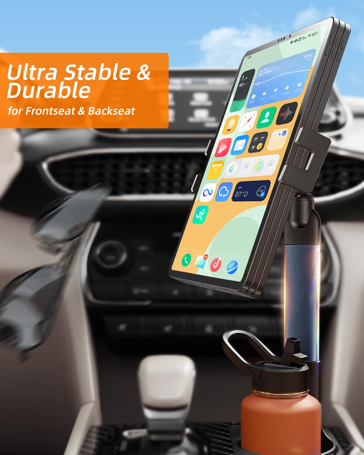 3 in 1 Tablet Holder for Car Bottle, 360°Rotatable & Aluminum Telescopic Arm Sturdy Rod Cup Holder Tablet Mount for iPad Pro 12.9/11/10.5/9.7/Air/Mini 6/5/4, iPhone 16/15/Pro, 4.7-12.9
