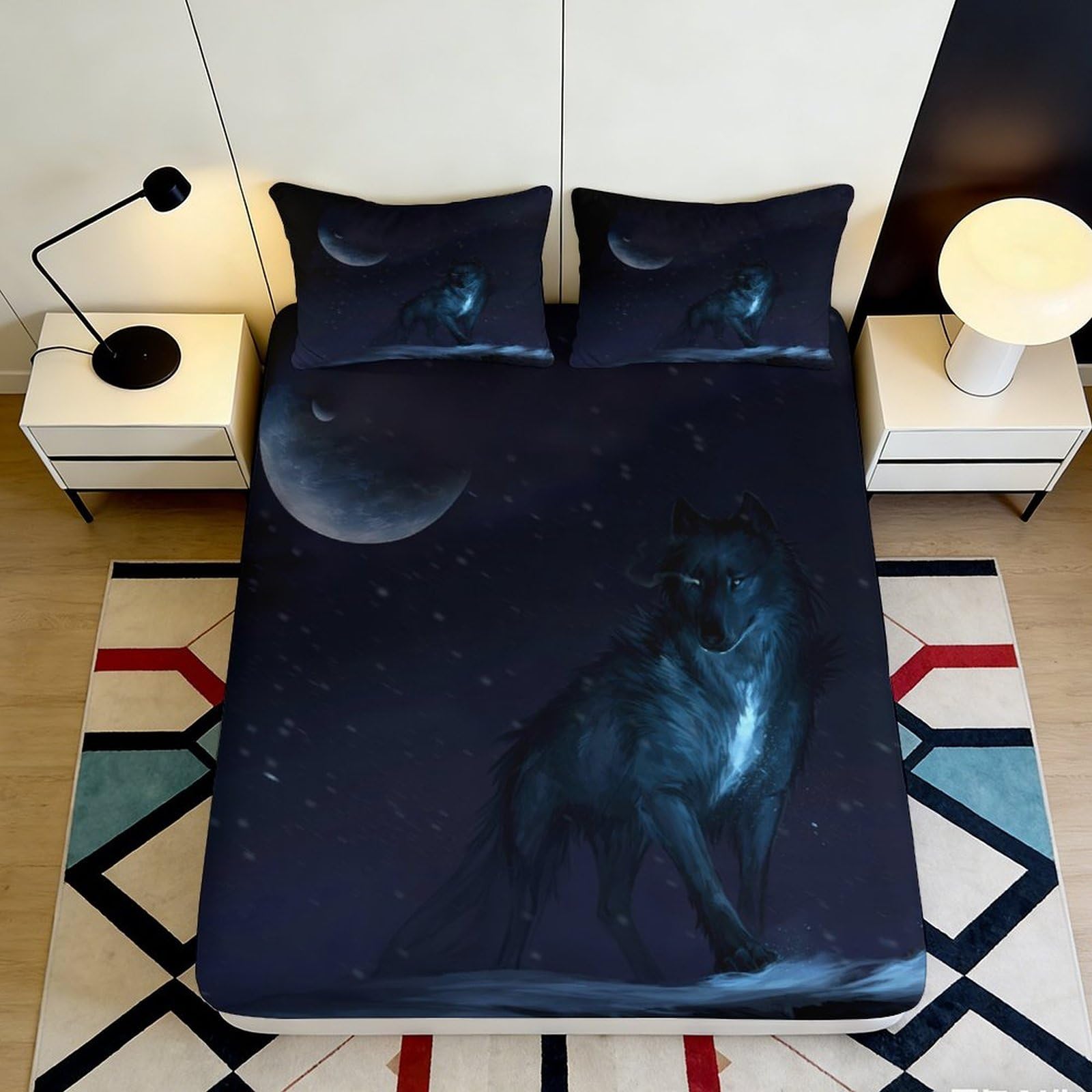 3D Printed Moon Wolf Fitted Sheet Microfiber Soft Deep Blue Night Sky Bed Sheet for Bedroom Guestroom Decor 90x200x25cm