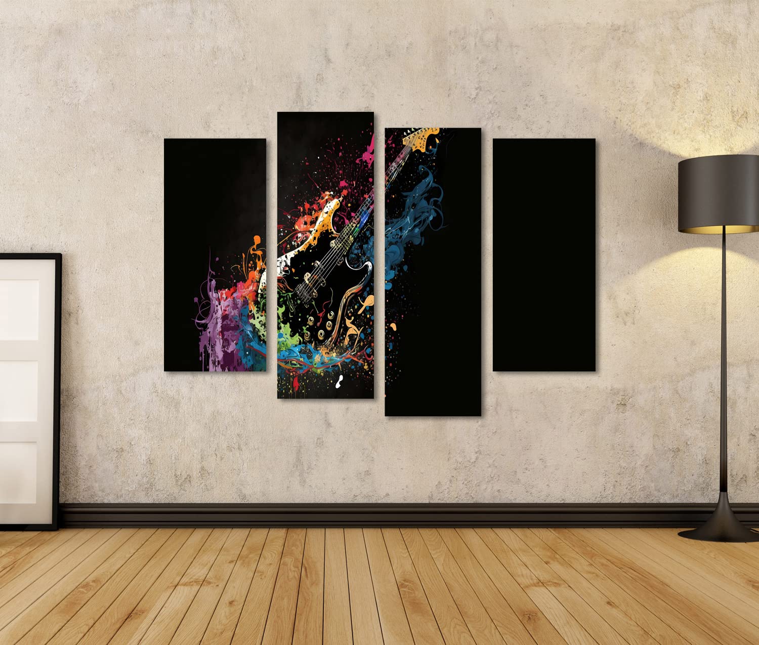islandburner Quadro su tela Chitarra elettrica colorata vernice splatter isolato sfondo nero Hard Rock IVCG Quadri Stampe Immagini Murale Decorazione da parete