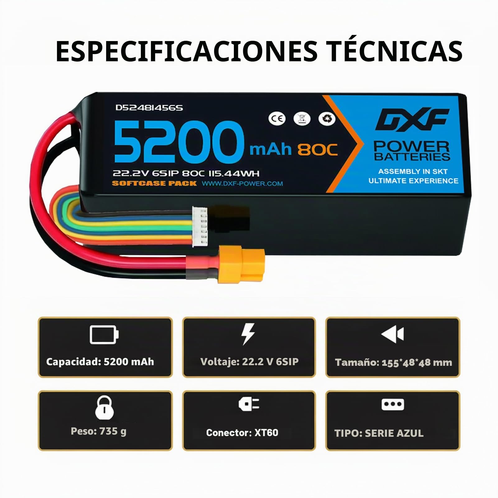 DXF batería LIPO 6S de 22.2V Battery con 5200 mAh y 80 C, 2paquetes con Conector XT60 para Drones, multicópteros, Aviones RC, helicópteros RC, Coche RC, Barco RC- Potencia y duración inigualable