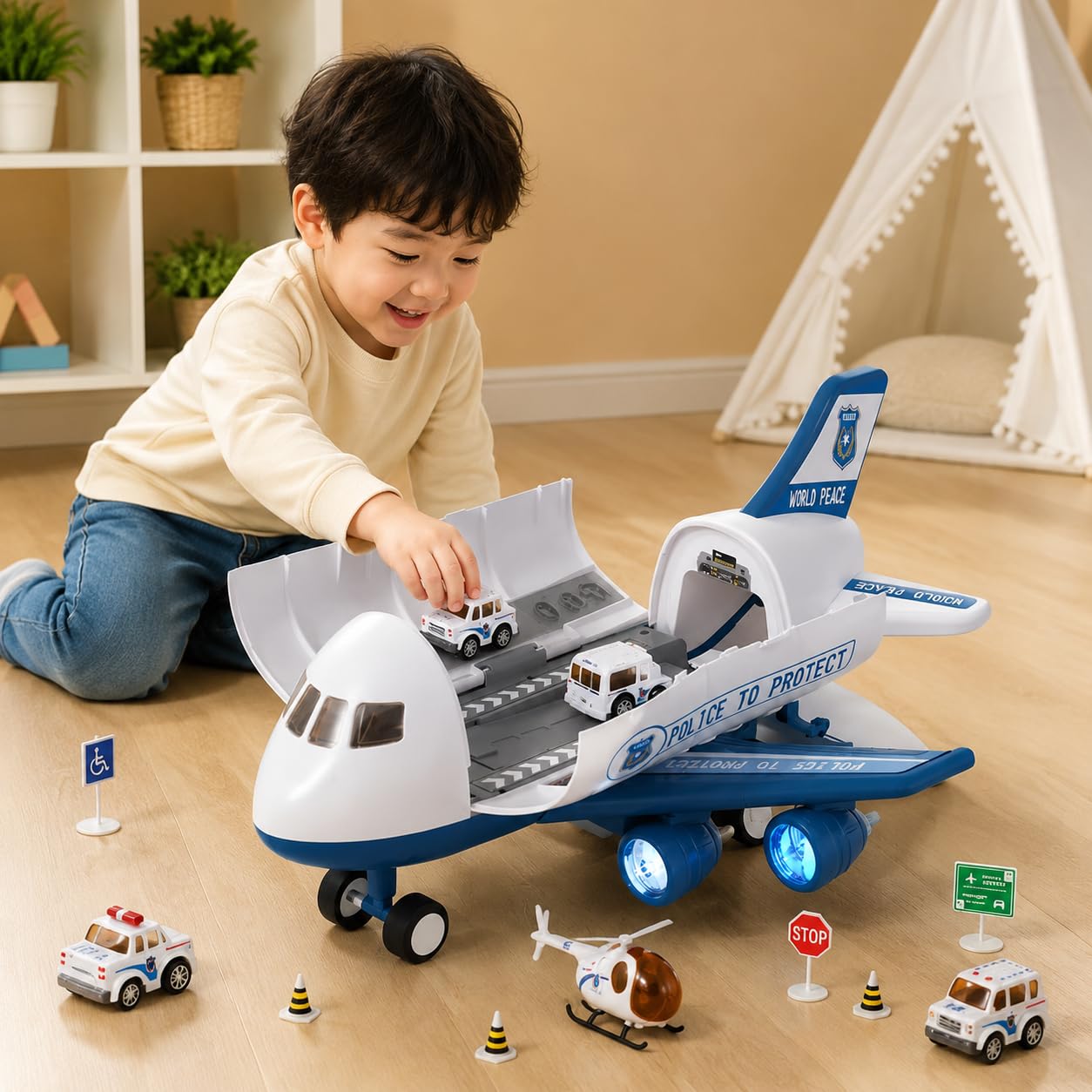 Aereo Giocattolo per Bambini in Lega e Suoni, Giocattolo a Inerzia Ricaricabile, Set Completo di Veicoli