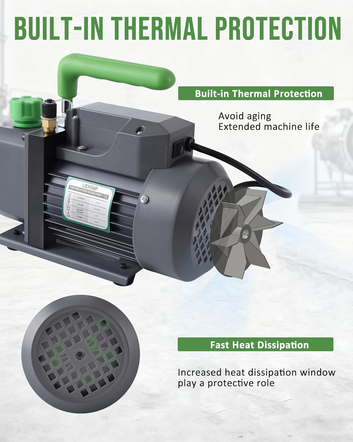 Lichamp Vacuum Pump, 4.5 cfm 1/3 HP HVAC Single Stage Vacuum Pump for R134a R410a R22 R12, for Automotive Air Conditioner Refrigerant, Oil Included, Cool Gray