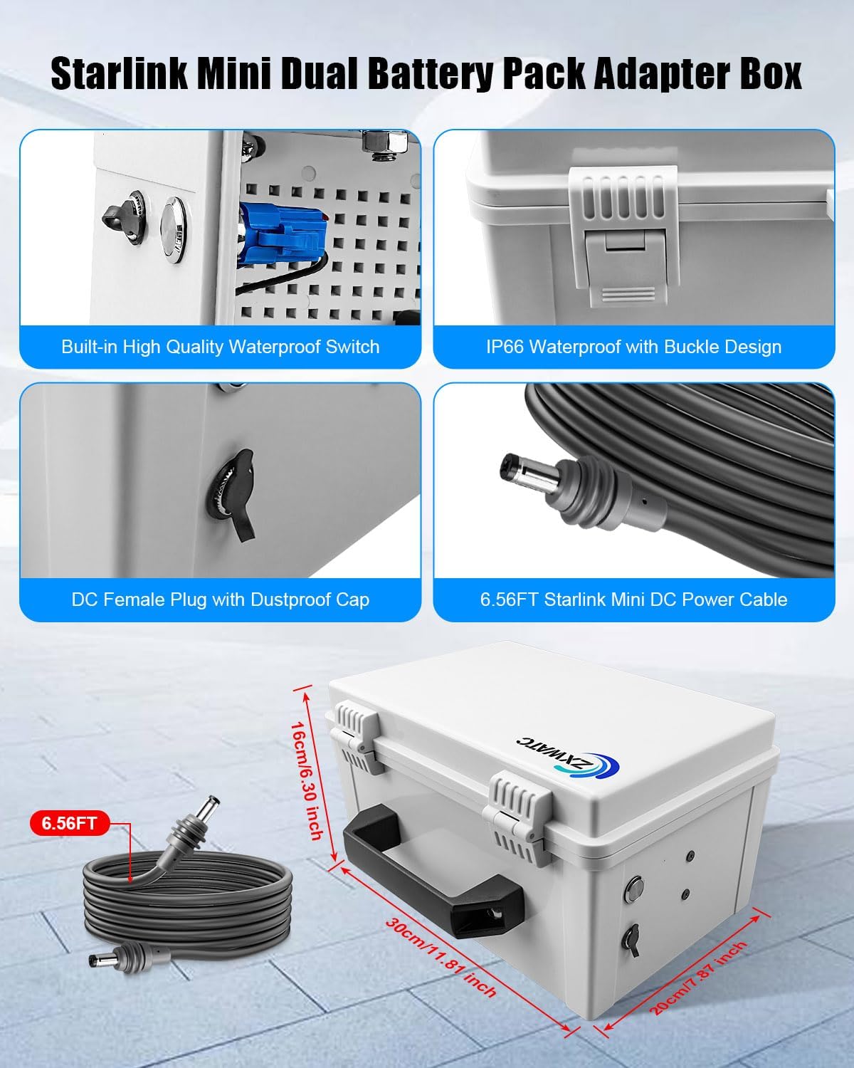 Starlink Mini Dual Battery Pack Adapter Case with DC Port & Switch, Compatible with DeWalt 18V/20V Batteries, Waterproof Housing with Low Voltage Protection, 2M Power Cable, Portable Handle Design