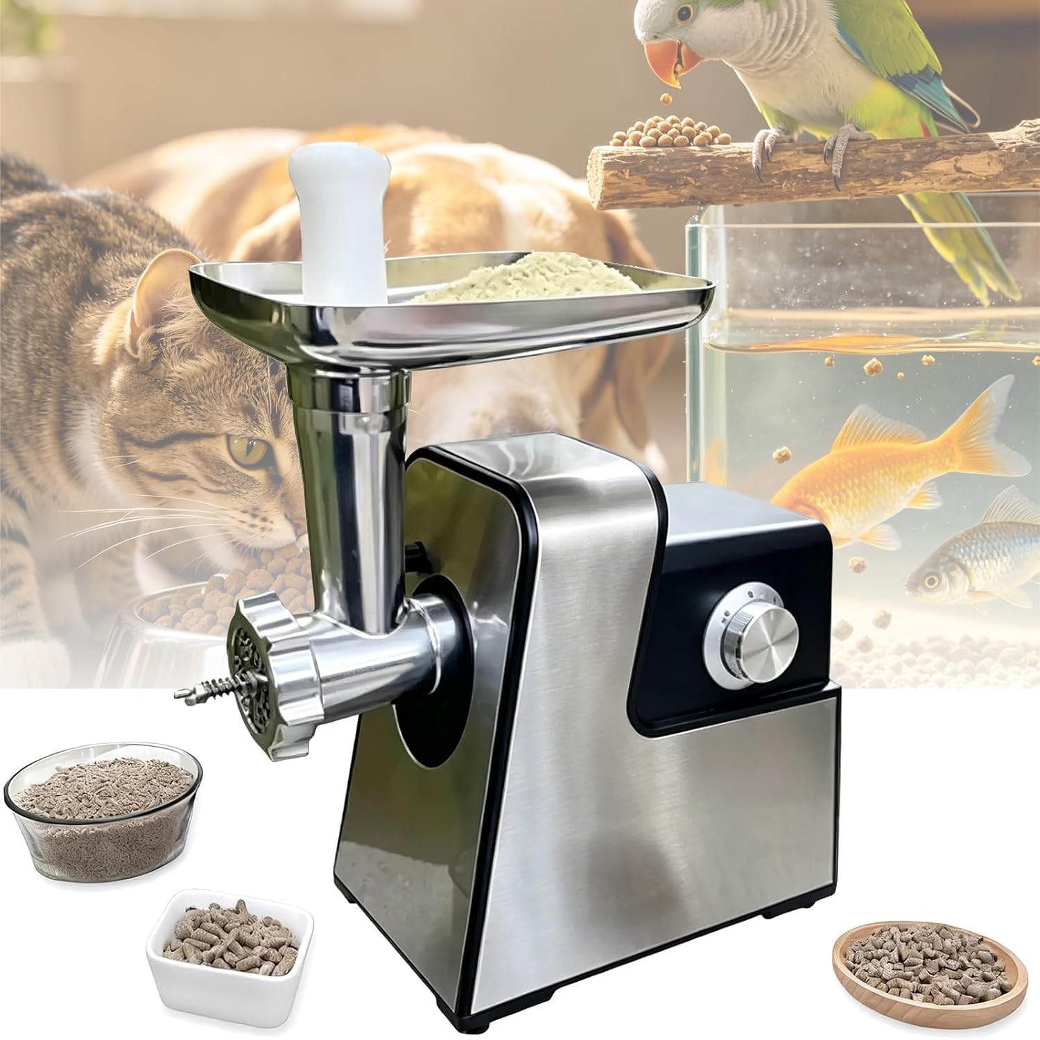 Macchina elettrica per la produzione di pellet per mangimi, robot da cucina per alimenti animali da 1200 W con lame regolabili, ideale per uccelli, pesci e piccoli animali domestici.