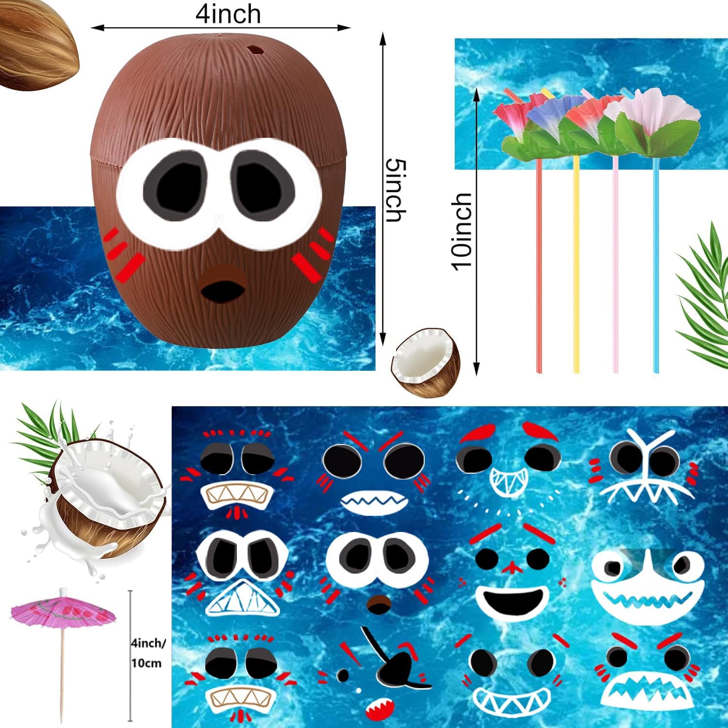 24 Pack Coconut Cups Plastic Hawaiian Cups,DIY Tropical Hawaiian Luau Tiki and Beach Party Decorations for Kids and Adults with 25 Straws 25 Cocktail Drink Picks and 26 Stickers