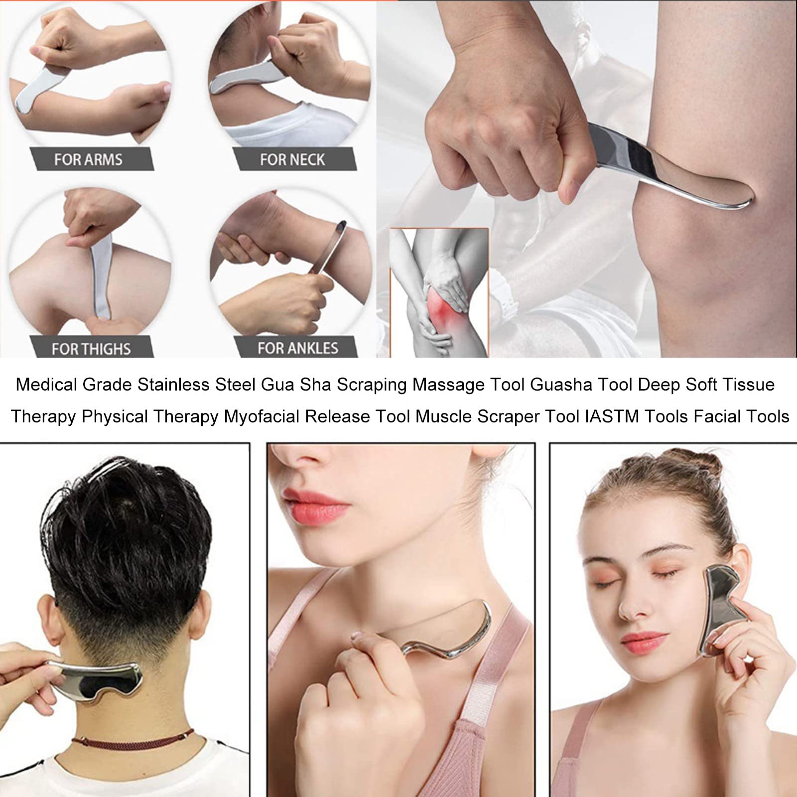 Juego de herramientas Gua Sha IASTM de 4 piezas, cuchillo de fascia, herramienta de fisioterapia de ejercicio de relajación muscular de acero inoxidable 304 4mm(Color:A,Size:4pcs)