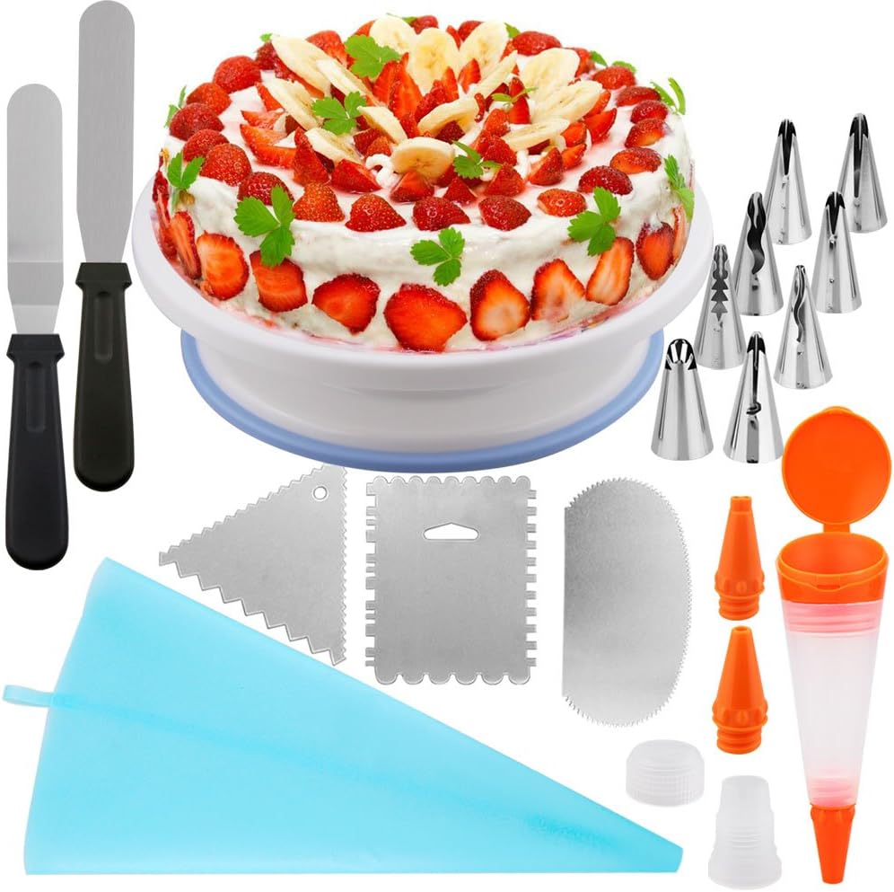 Modchan Cake Decorating Turntable,17 Cake Decorating Supplies,11" Rotating Cake Stand/Revolving Cake Decorating Stand,3 Cake Scrapers,8 Icing Tip,1 Pastry Bags,1 Cake Pen,1 Coupler,2 Icing Spatula