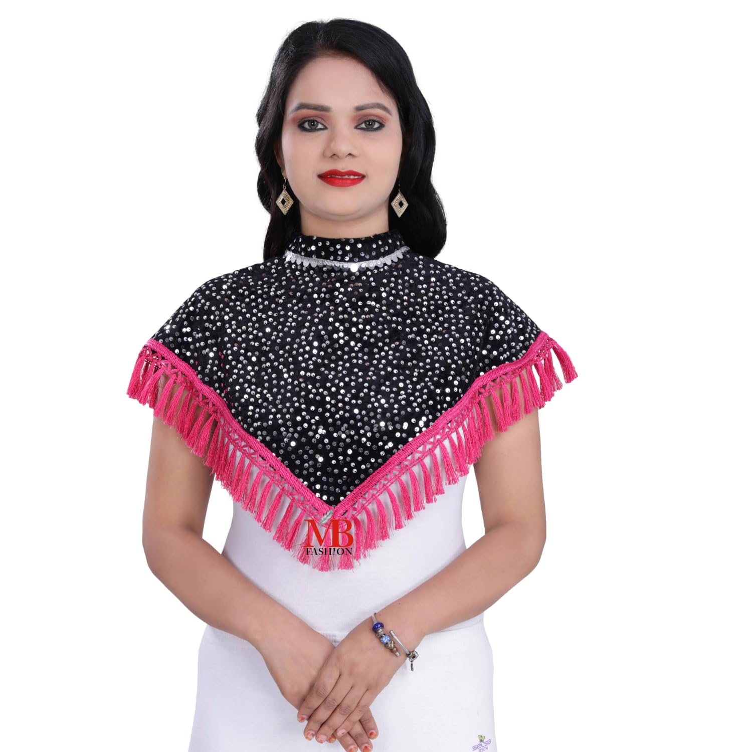 Women's Net Cape, Round Neck Poncho with Beaded Embroidery, Sleeveless-image-33