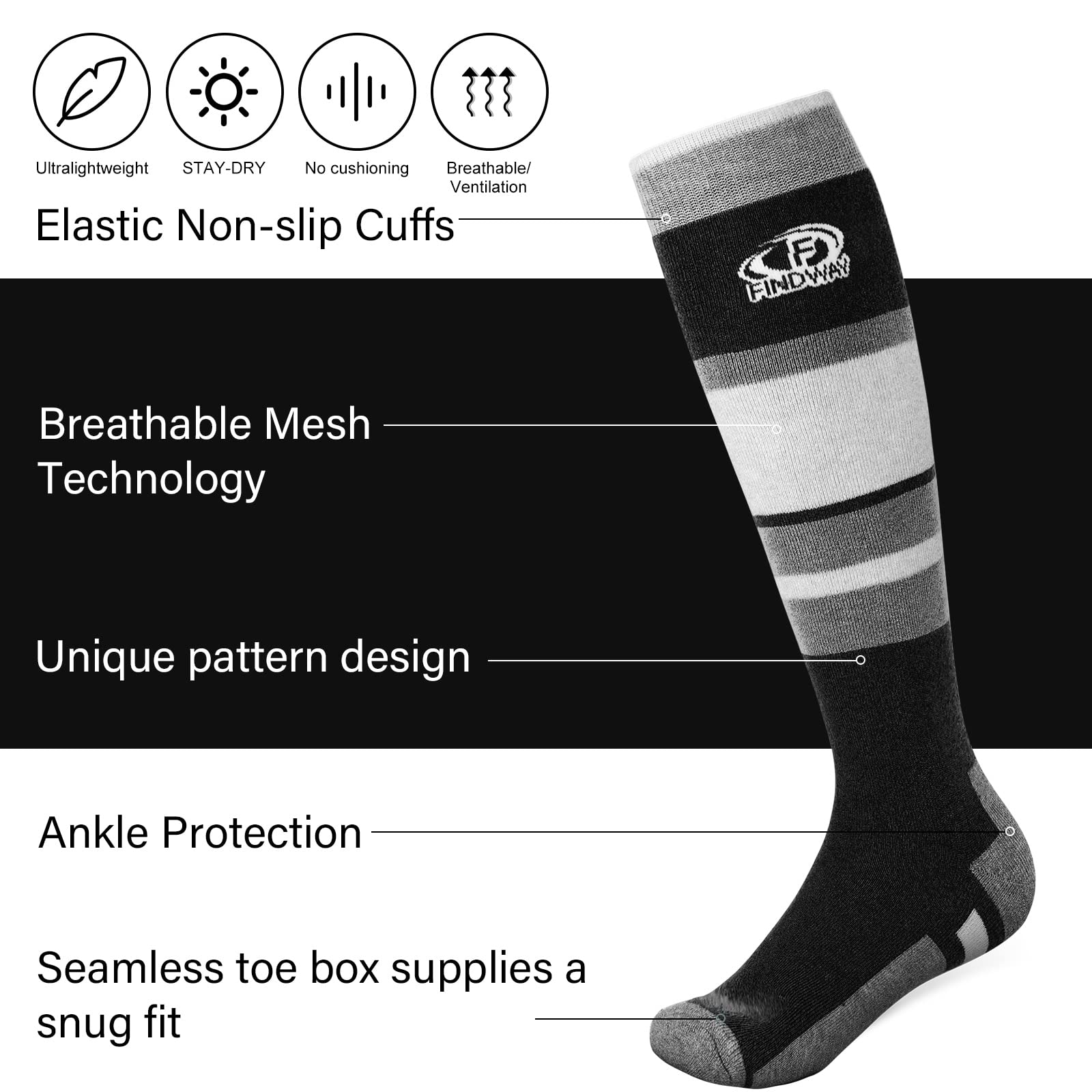 Findway Chaussettes de Ski, Chaussettes de Ski Thermiques en Laine Mérinos Femmes Hommes Chaussettes de Neige Chaudes et Douces Respirant pour Ski, Patinage Snowboard, 2 Paires/3 Paires