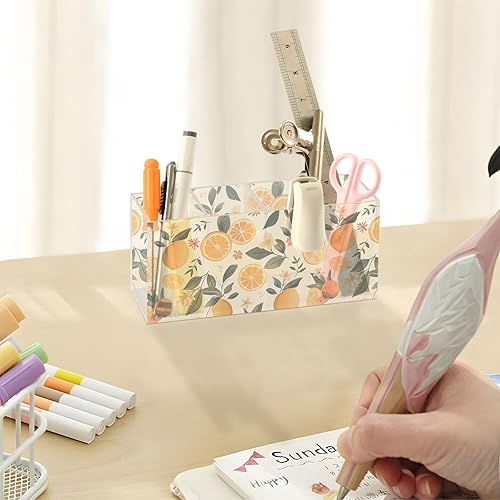 Miniatura 7 de CHIFIGNO Decorative Pencil Pen Holder for Desk, Oranges and Leaves Pen Holder Pen Cup, Acrylic Makeup Brush Cup 4 Compartments for Office Classroom