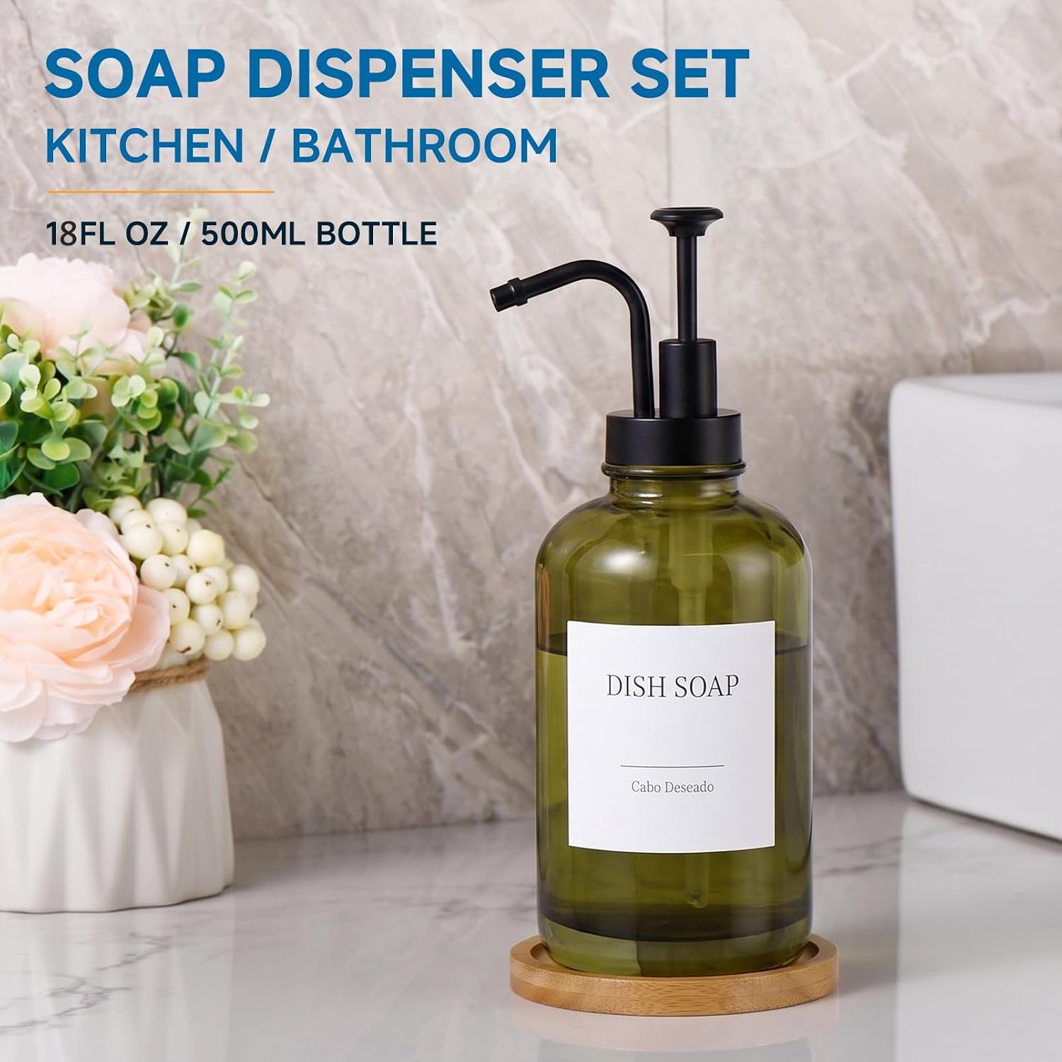 Glass Soap Dispenser with Pump, Dish and Hand Soap Dispenser for Kitchen Bathroom Set, Glass Dispenser Set with 18 Stickers Funnel Bamboo Tray 500ml 18oz Green