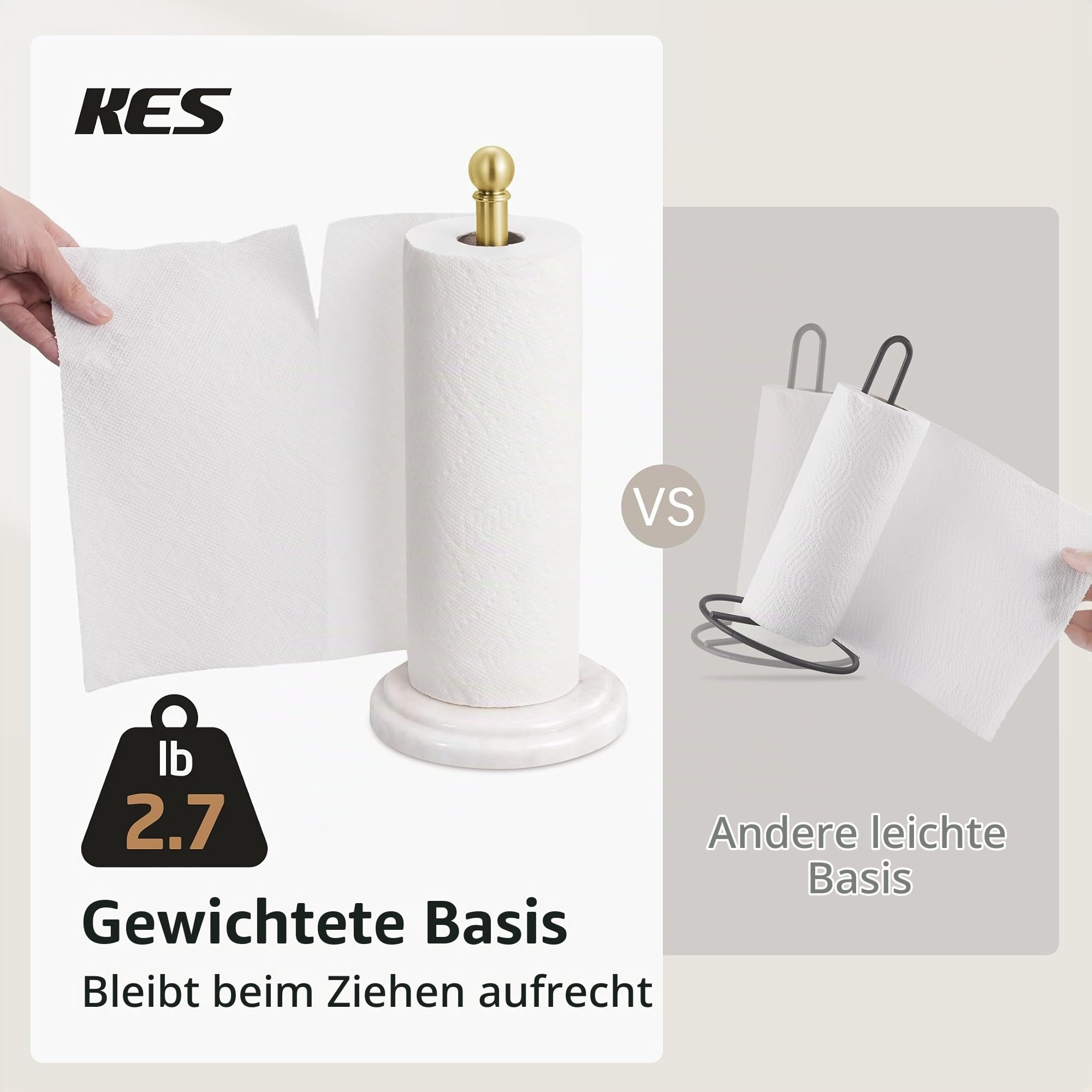 KES Küchenrollenhalter Marmor Stehend, Küchenrollenhalter Stehend Arbeitsplatte, Küchenrolle Halter Küchenpapierhalter aus 18/8 Edelstahl, Rostfrei, Gebürstetes Gold, KPH208-BZ