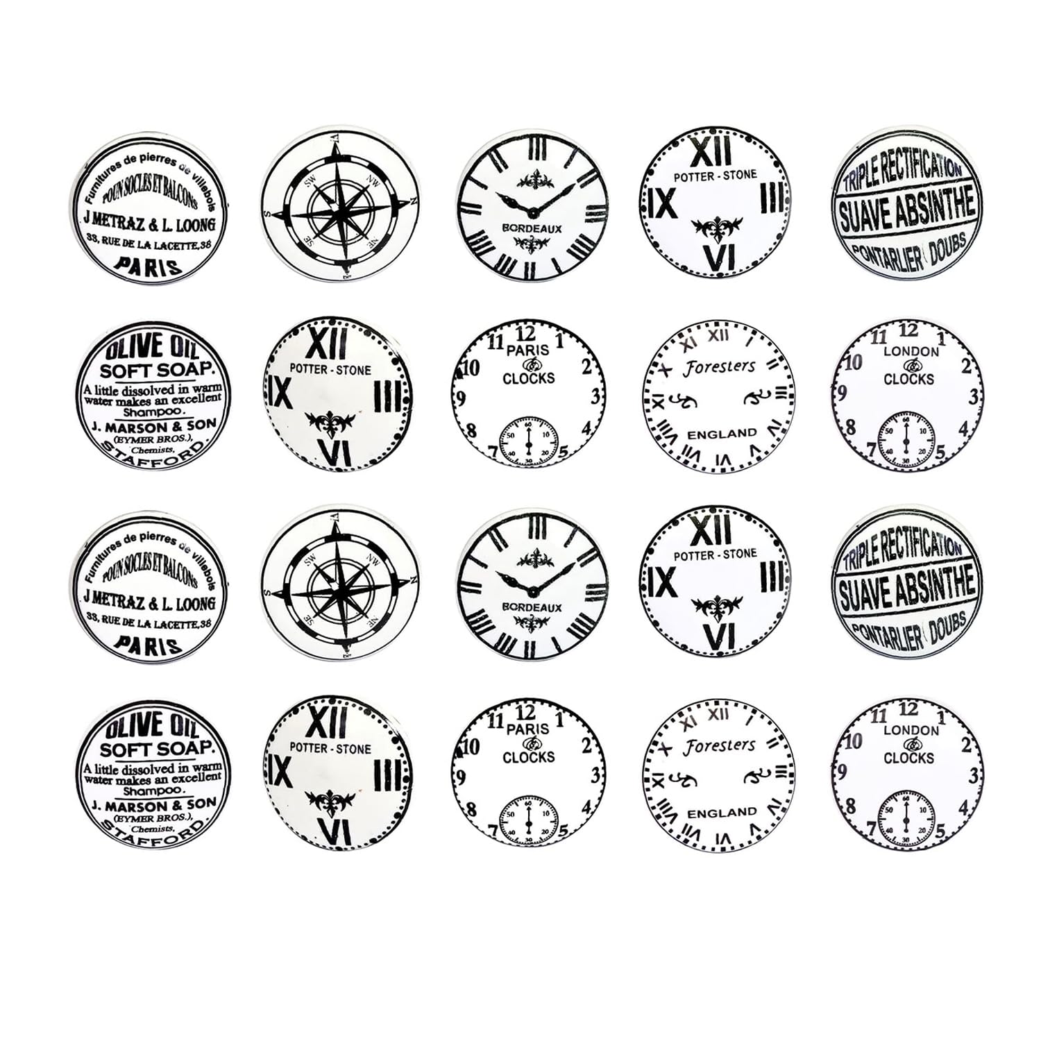 Nacnic 20 Pomos de Cerámica Diseño Relojes Blanco y Negro | Tiradores y Manetas para Cocina Cajones Armarios Muebles de Baño | Perillas de Cerámica Originales | Diámetro y Longitud Perno 40 mm