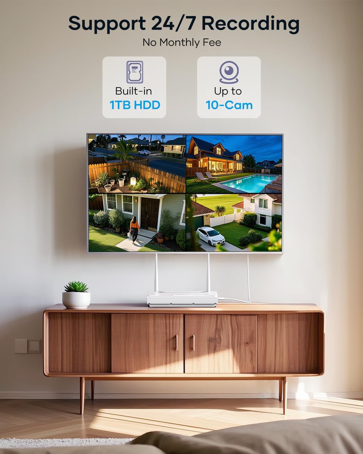 Wireless Home Security Camera System, 4pcs 6MP Dual Lens PTZ Outdoor Cameras with Dual Screen & Auto Tracking, 10CH 4K NVR 1TB HDD, Color Night Vision, 24/7 Recording