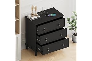 Large Extra Wide Black Nightstand with Charging Station