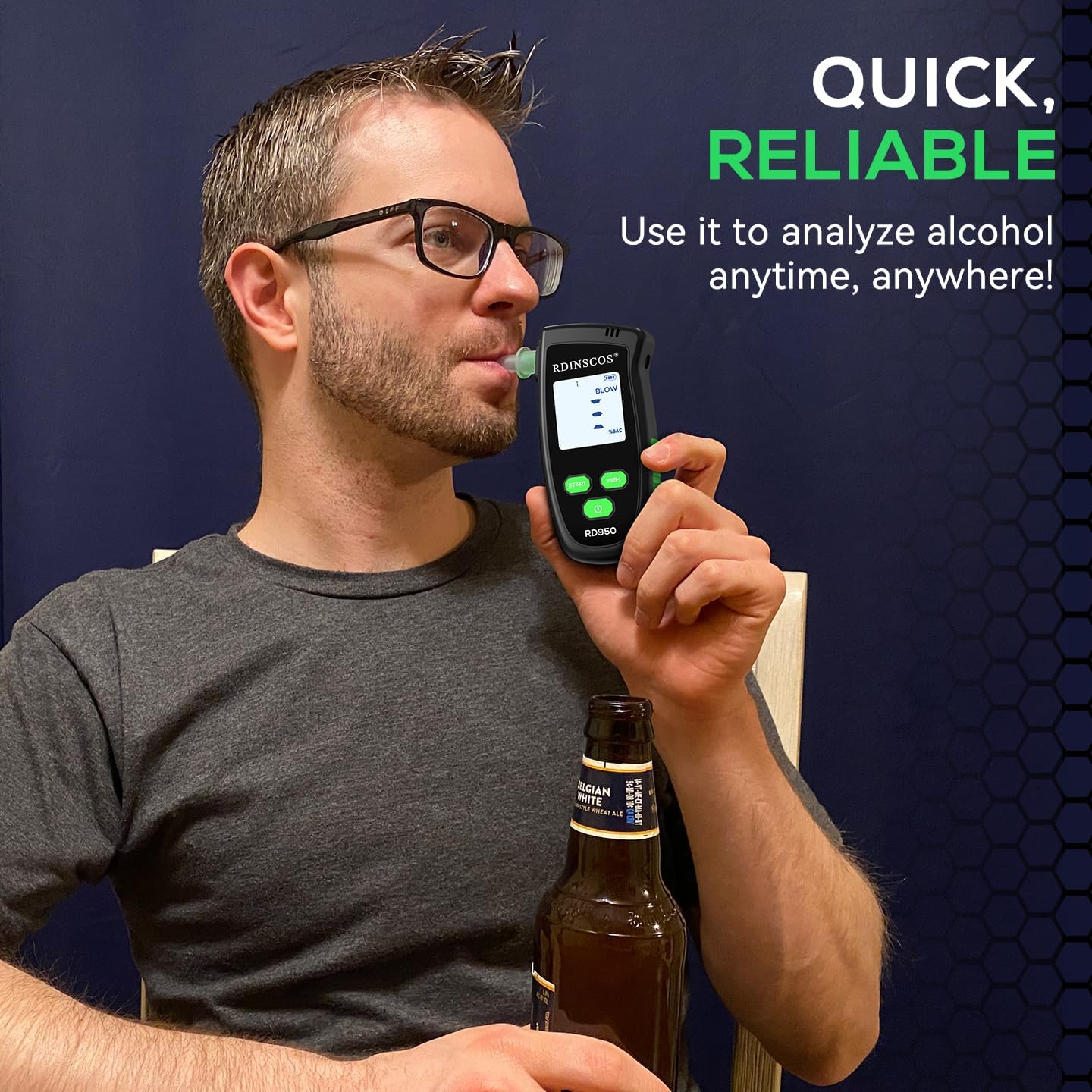 RDINSCOS Fuel Cell Breathalyzer with Active Pump Sampling Alcohol Tester | Rechargeable, Fast Accurate BAC Detector, Includes 5 Food-Grade Mouthpieces, Personal Safety Use