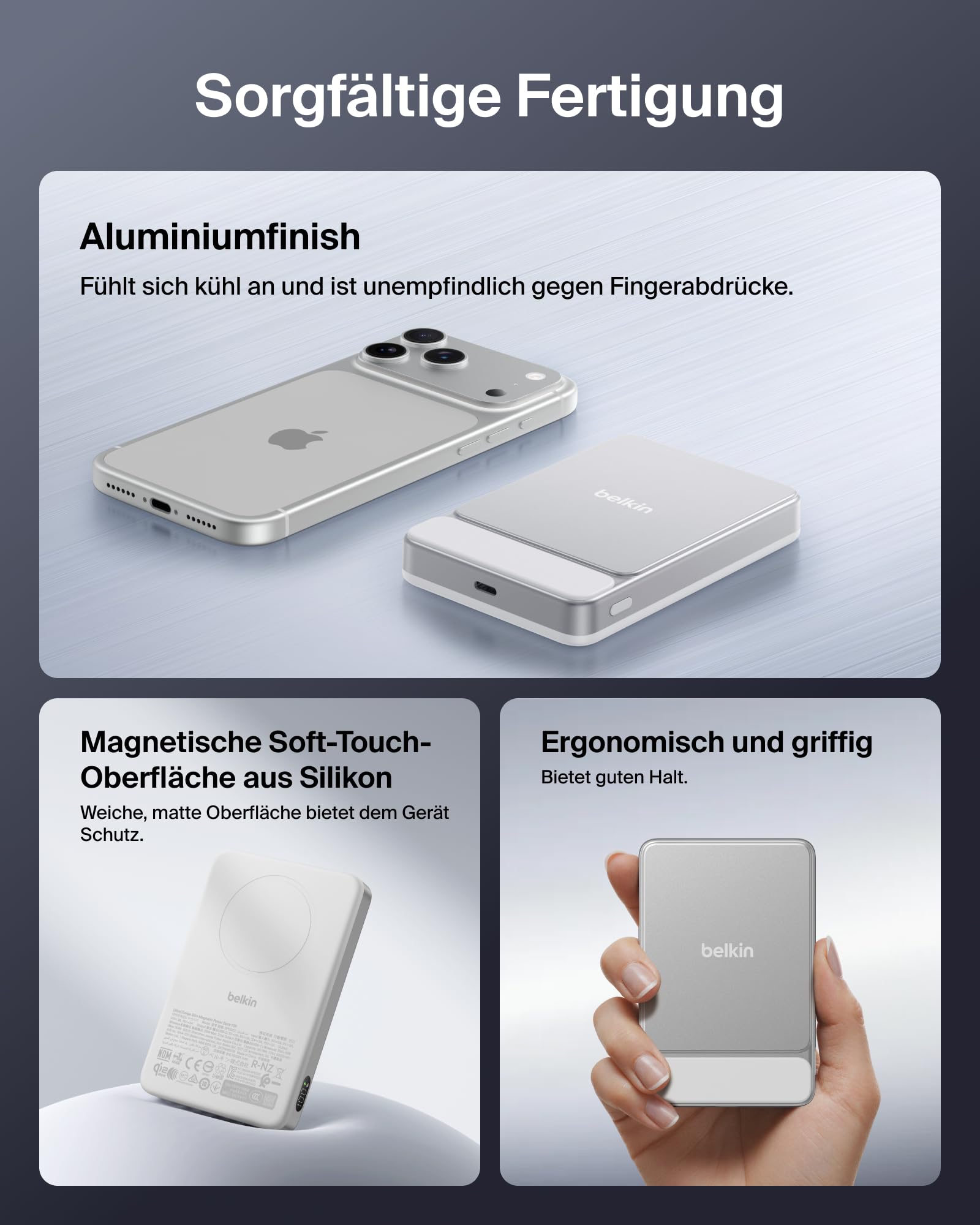 Belkin UltraCharge 10000mAh Magnetische Power Bank, USB-C Port – Weiß | 10K Powerbank Kabellos, Dünn, Qi2-zertifiziert, 25W, Magnetring, USB C Port, Bereits Geladen, Kabel, Geeignet für Flugreisen