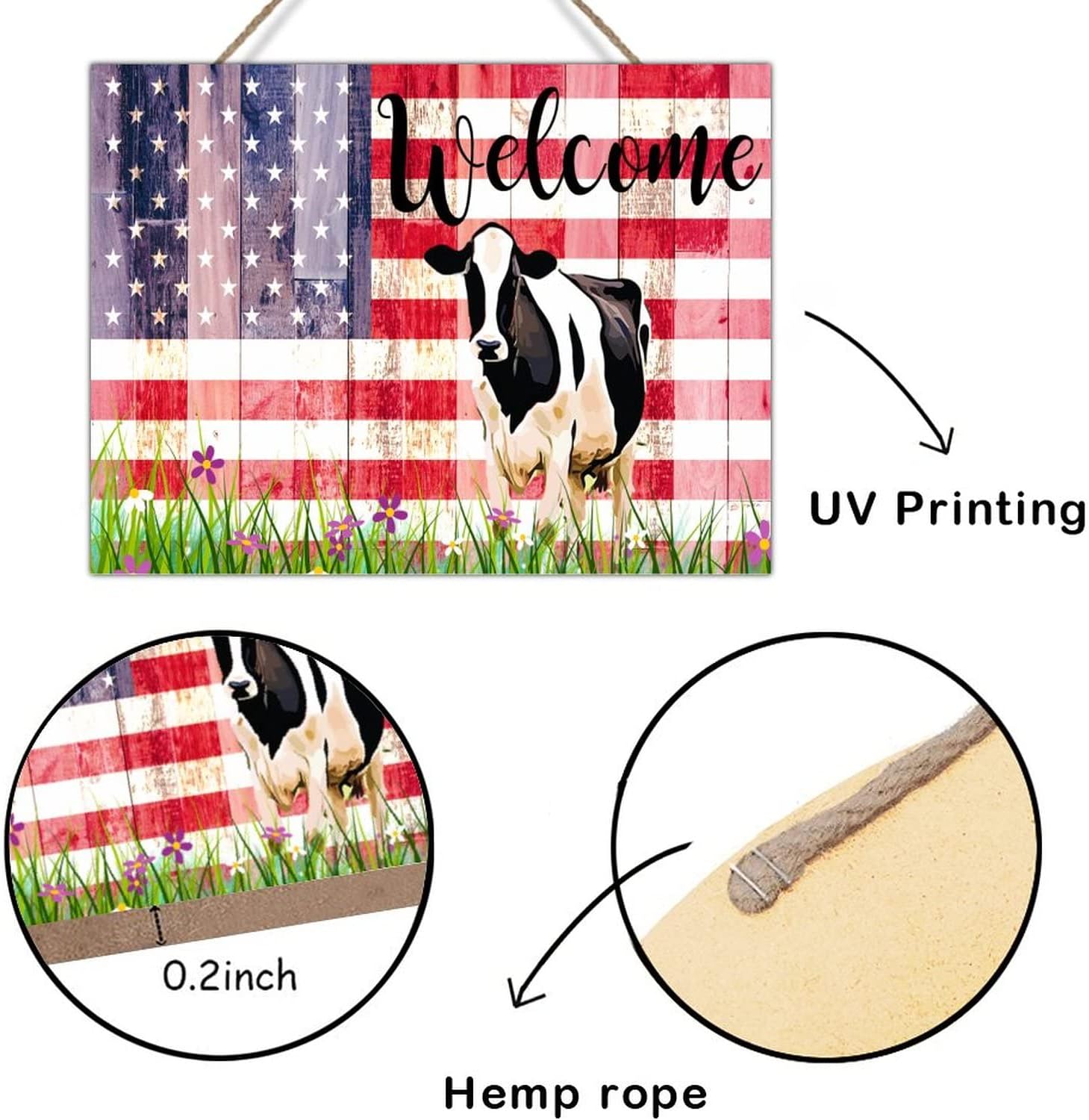 Wood Sign Plaque Vintage American Flag Cow Welcome Sign Green Lawn Farm Animal Highland Cattle Wood Hanger Sign Rustic Wood Pallet Wall Hanging Sign 24x18in New Home Gift to Farmer