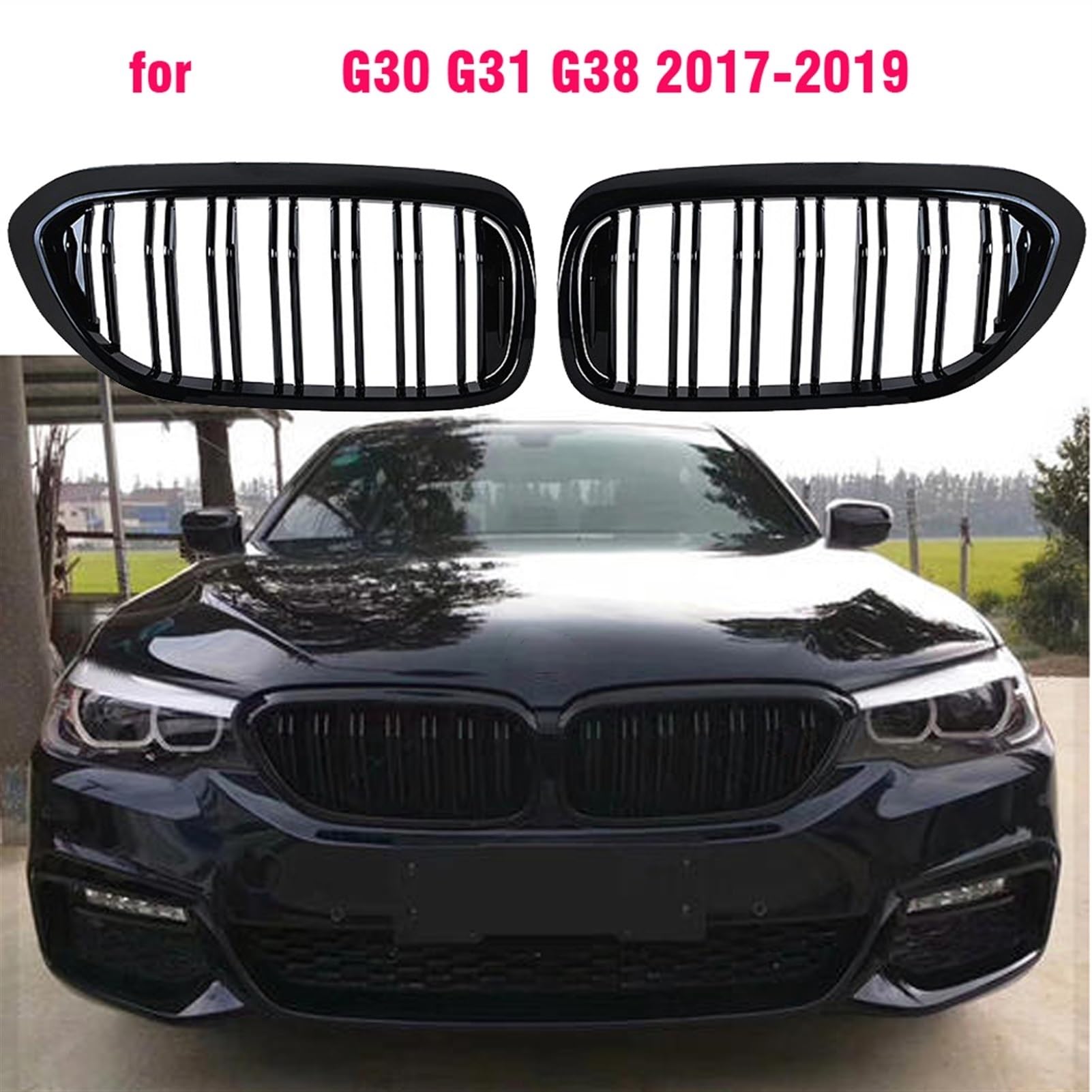 Przednia krata zderzaka, dla BMW, serii 5 M5 G30 G31 520i 530i 540i ABS 2-listwy czarna błyszcząca przednia kratka