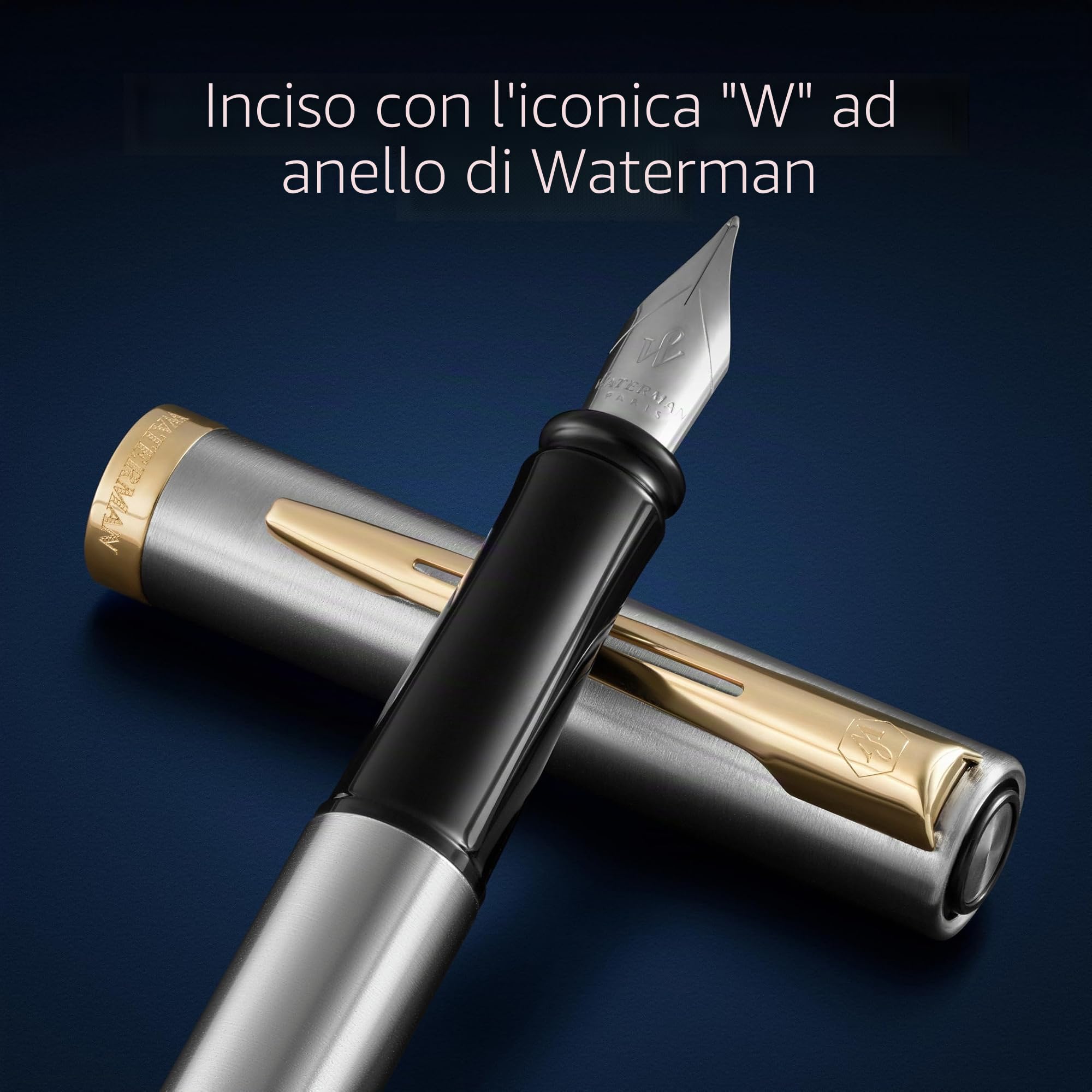 Waterman Impression Penna Stilografica | Pennino Medio con Ricarica di Inchiostro Blu | Acciaio Inossidabile con Rifiniture Placcate in Oro | Confezione Regalo